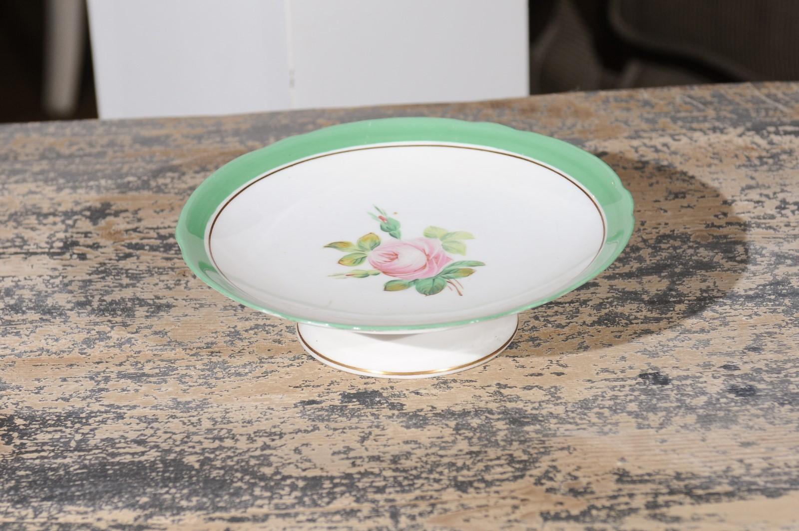 Faience English Victorian 1880s Floral Compote with Pink Roses, Green and Gold Trim