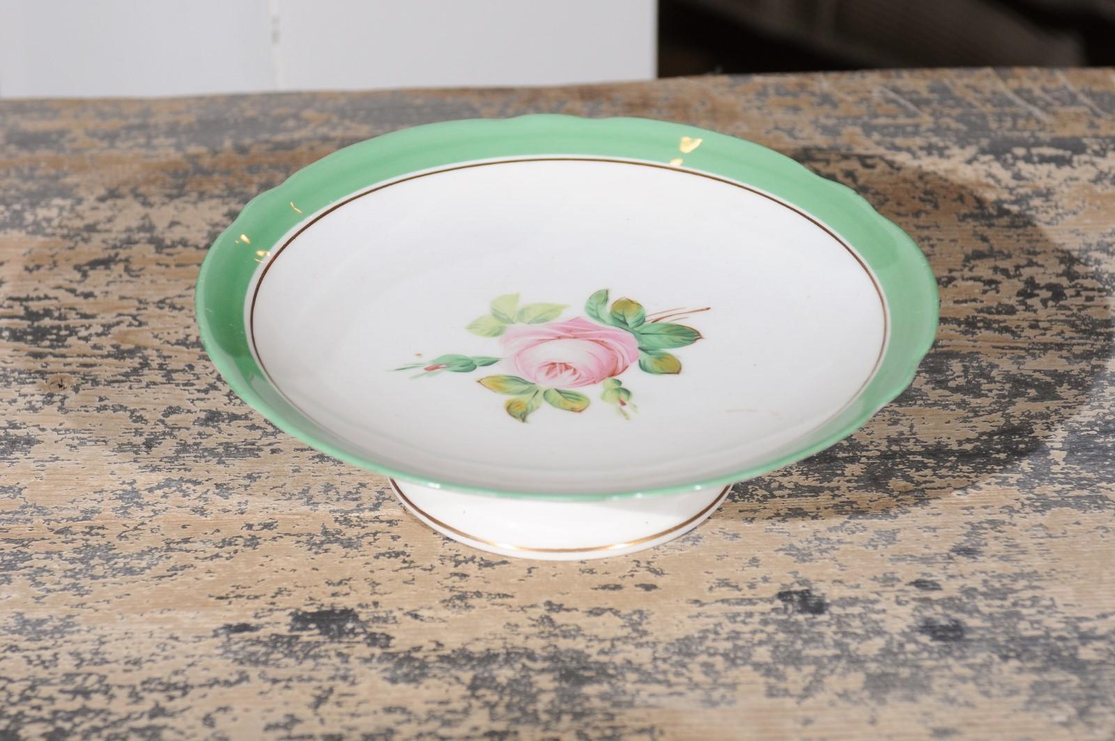 English Victorian 1880s Floral Compote with Pink Roses, Green and Gold Trim For Sale 1