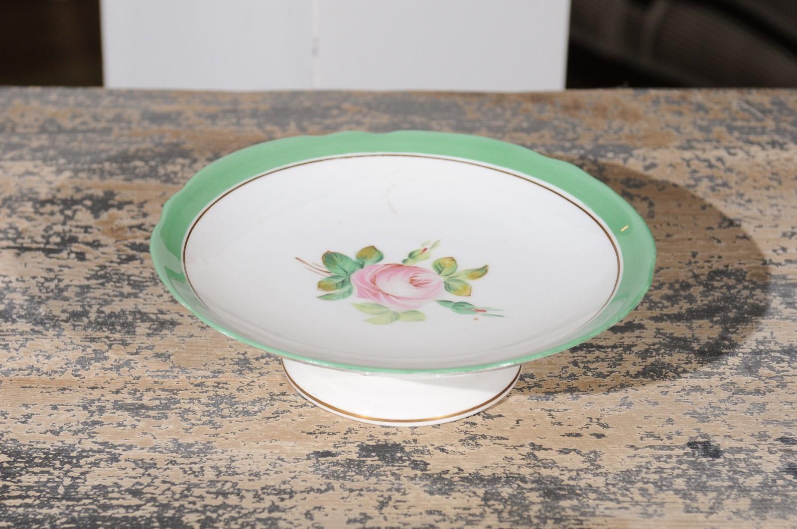 English Victorian 1880s Floral Compote with Pink Roses, Green and Gold Trim For Sale 2