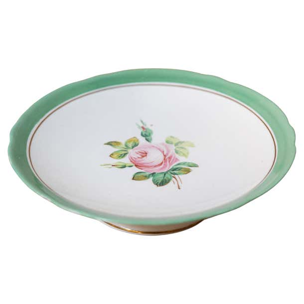 English Victorian 1880s Floral Compote with Pink Roses, Green and Gold ...