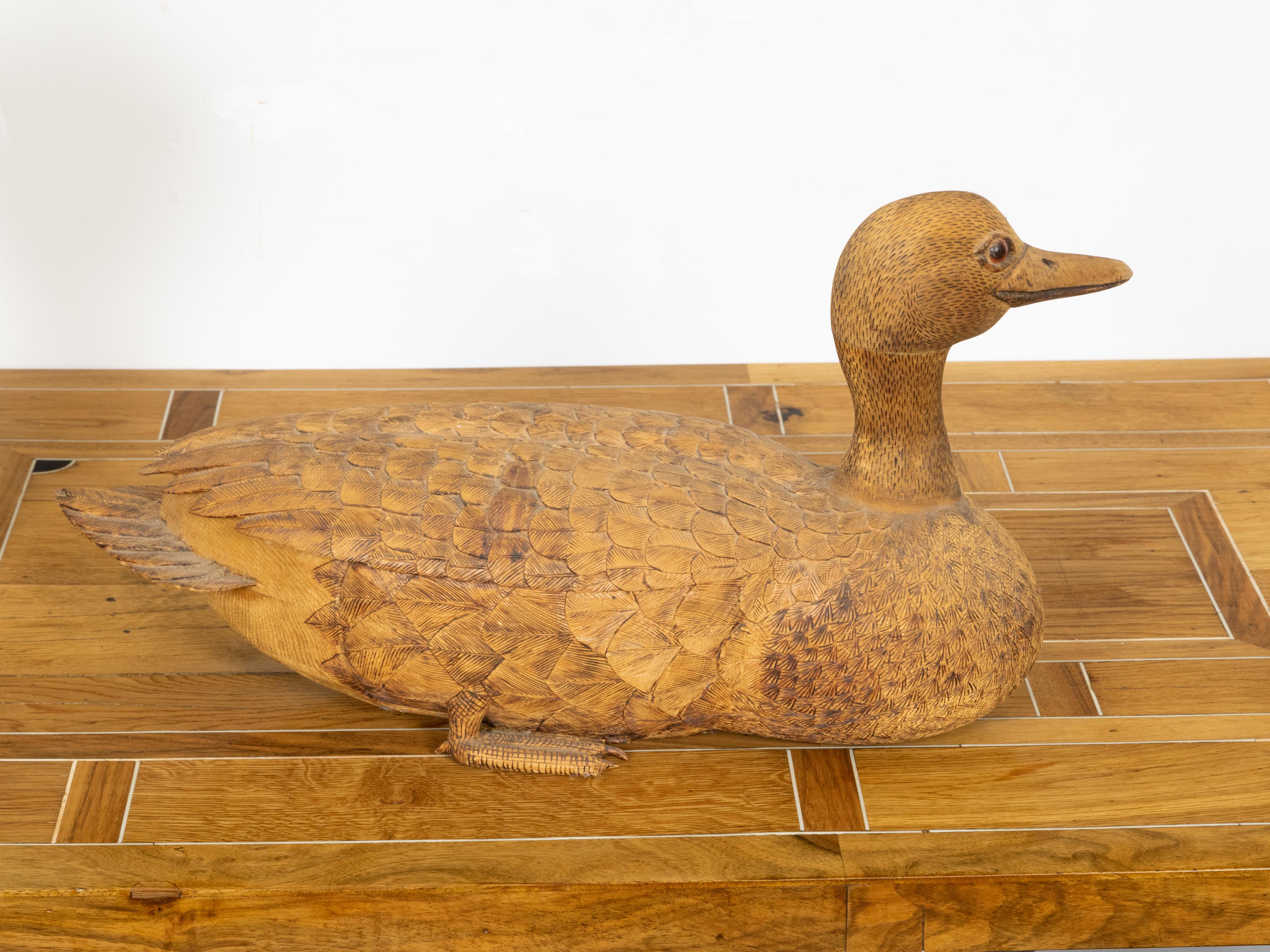 English Victorian 19th Century Carved Wooden Duck with Detailed Plumage For Sale 2