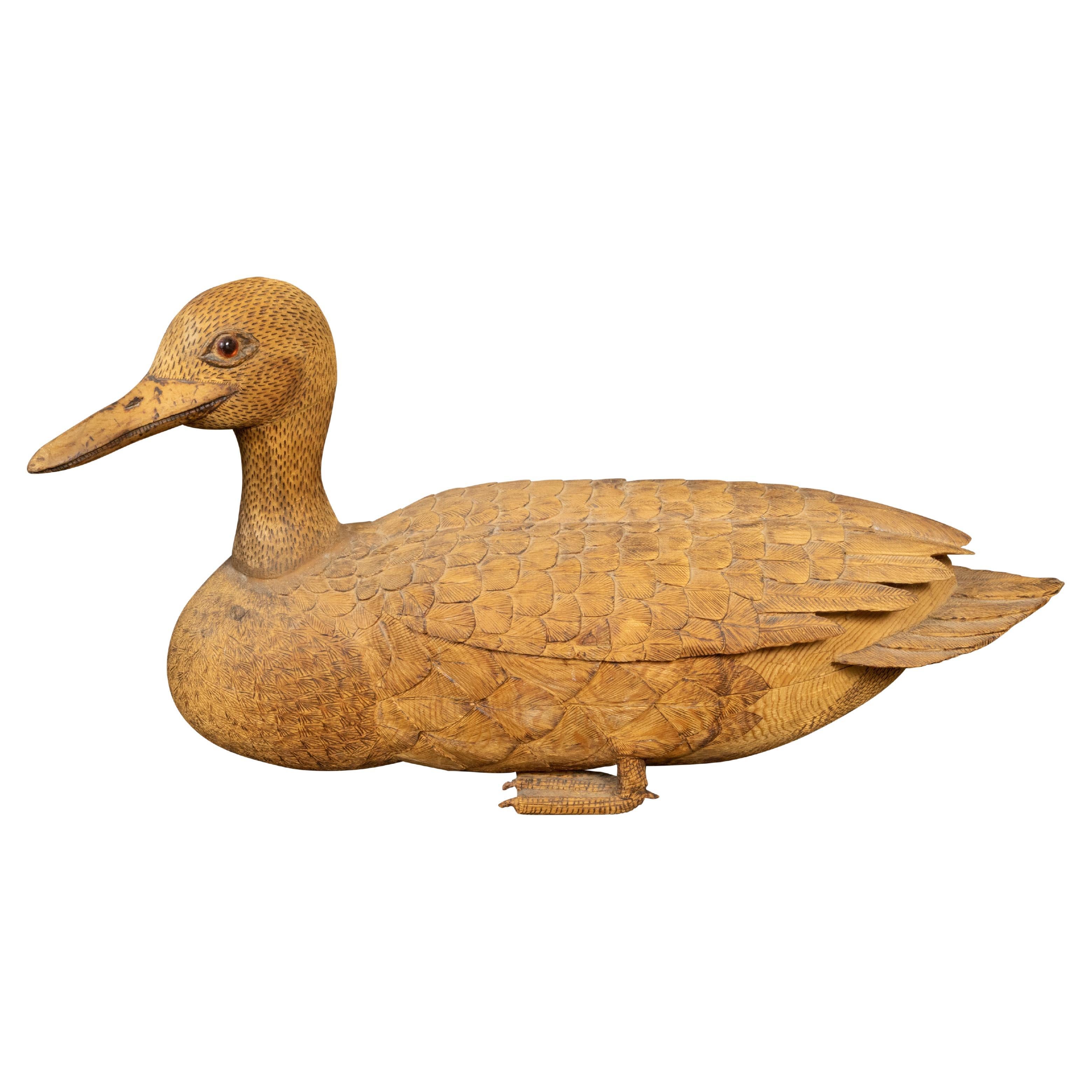 English Victorian 19th Century Carved Wooden Duck with Detailed Plumage For Sale