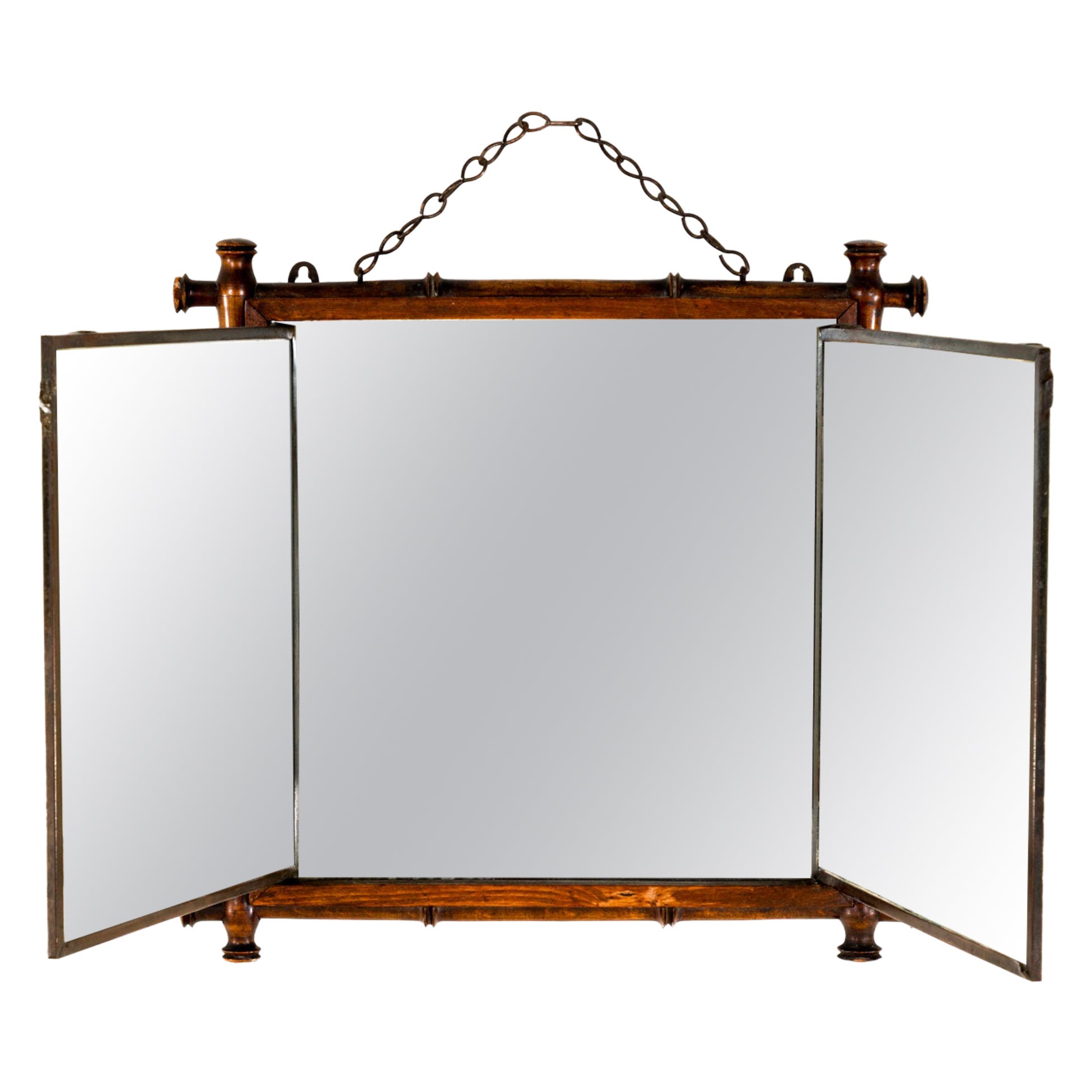 English Victorian 19th Century Chinoiserie Triptych Mirror in Faux Bamboo Frame For Sale