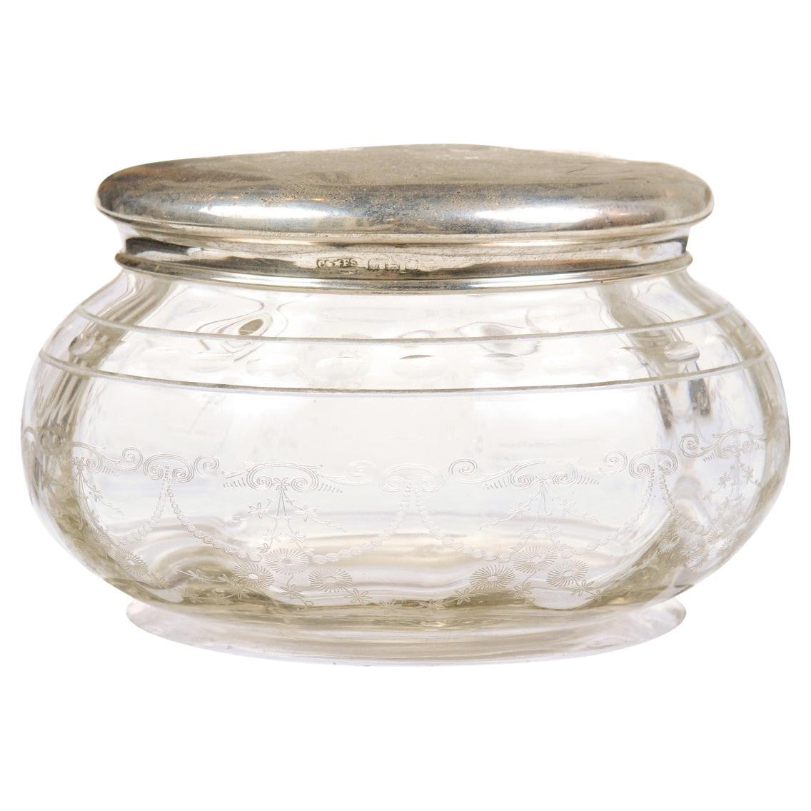 English Victorian 19th Century Glass and Silver Vanity Jar with Etched Design For Sale