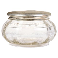 Used English Victorian 19th Century Glass and Silver Vanity Jar with Etched Design