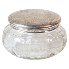 English Victorian 19th Century Glass and Silver Vanity Jar with Etched Design