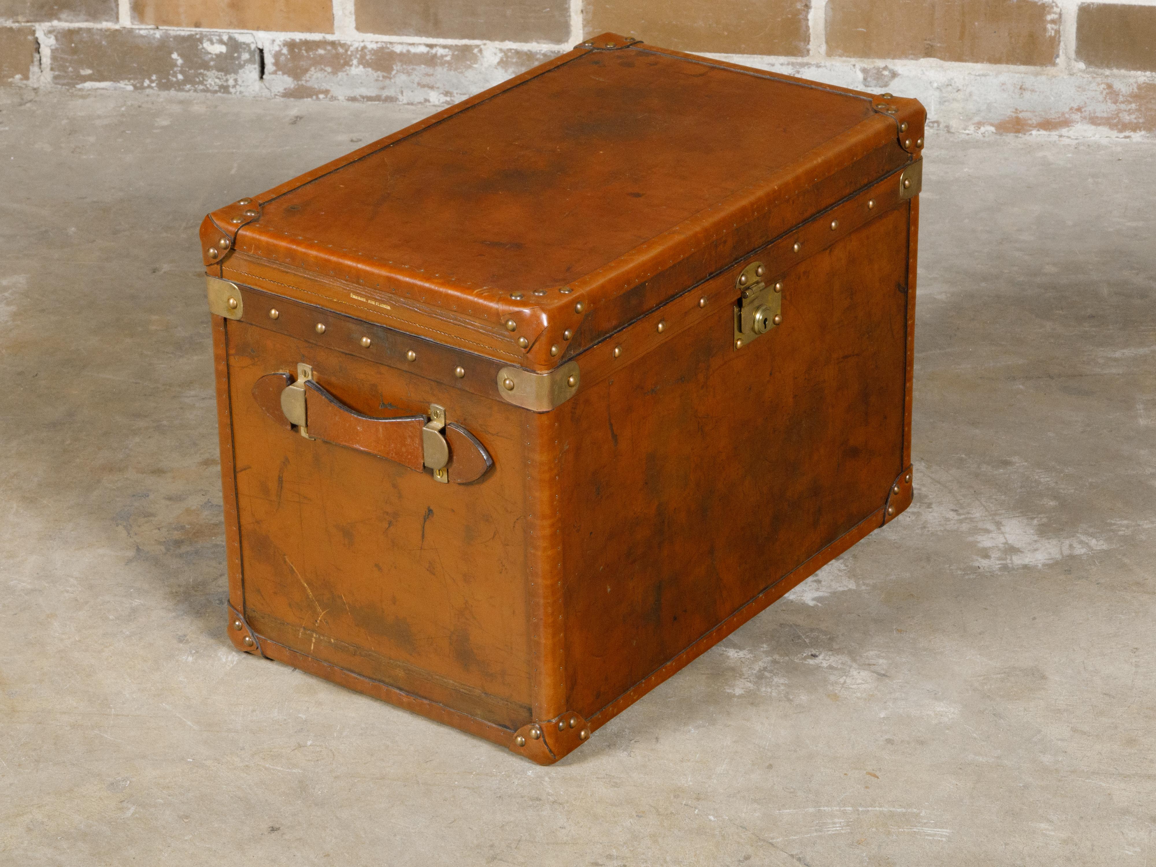 English Victorian 19th Century Leather Travel Trunk with Brass Hardware For Sale 9