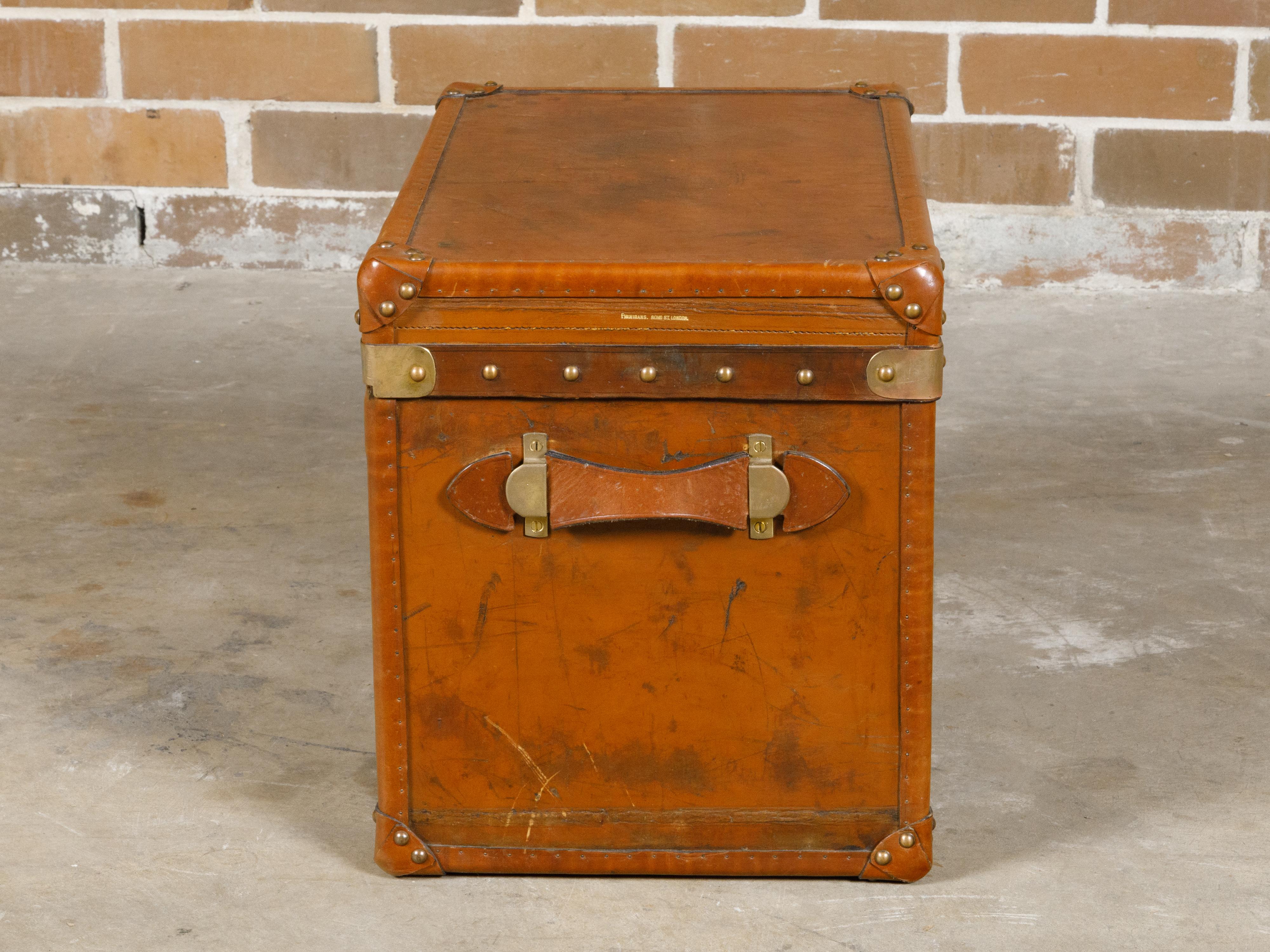English Victorian 19th Century Leather Travel Trunk with Brass Hardware For Sale 10