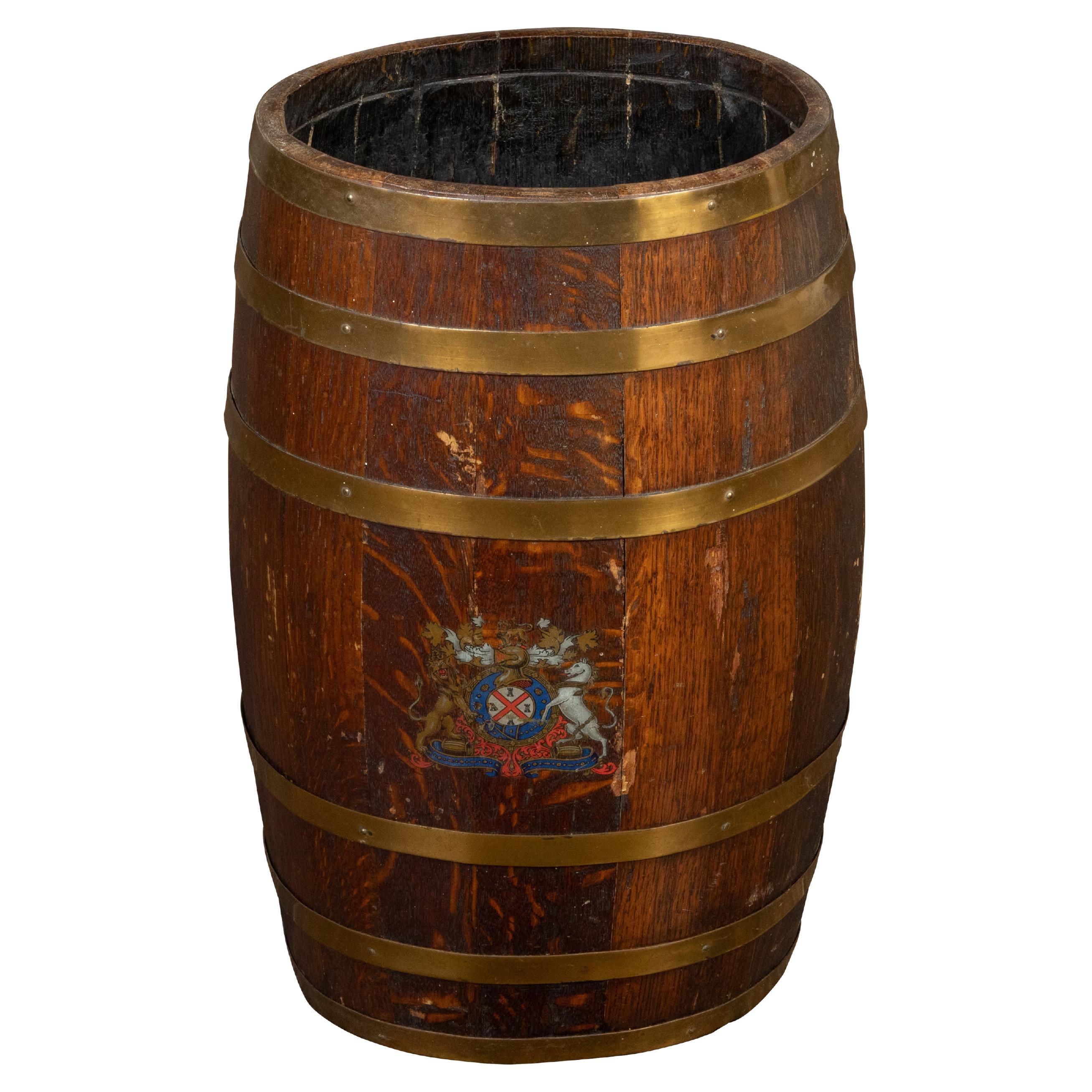 English Victorian 19th Century Oval Barrel with Coat of Arms and Brass Braces For Sale