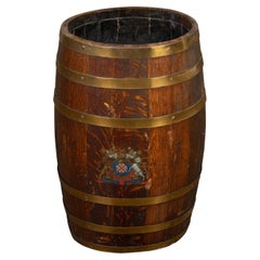 English Victorian 19th Century Oval Barrel with Coat of Arms and Brass Braces