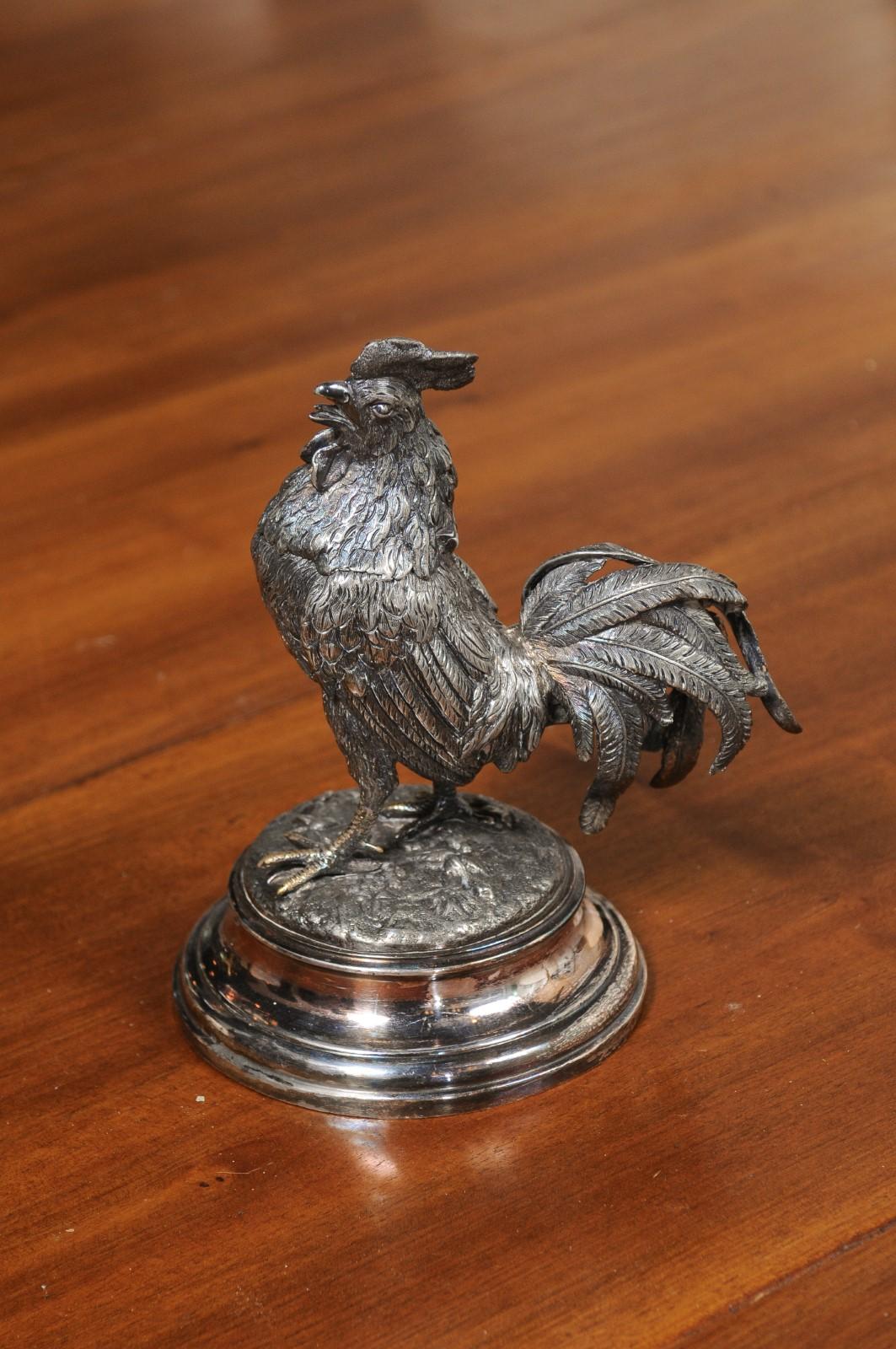English Victorian 19th Century Silver Inkwell Depicting a Crowing Rooster 7