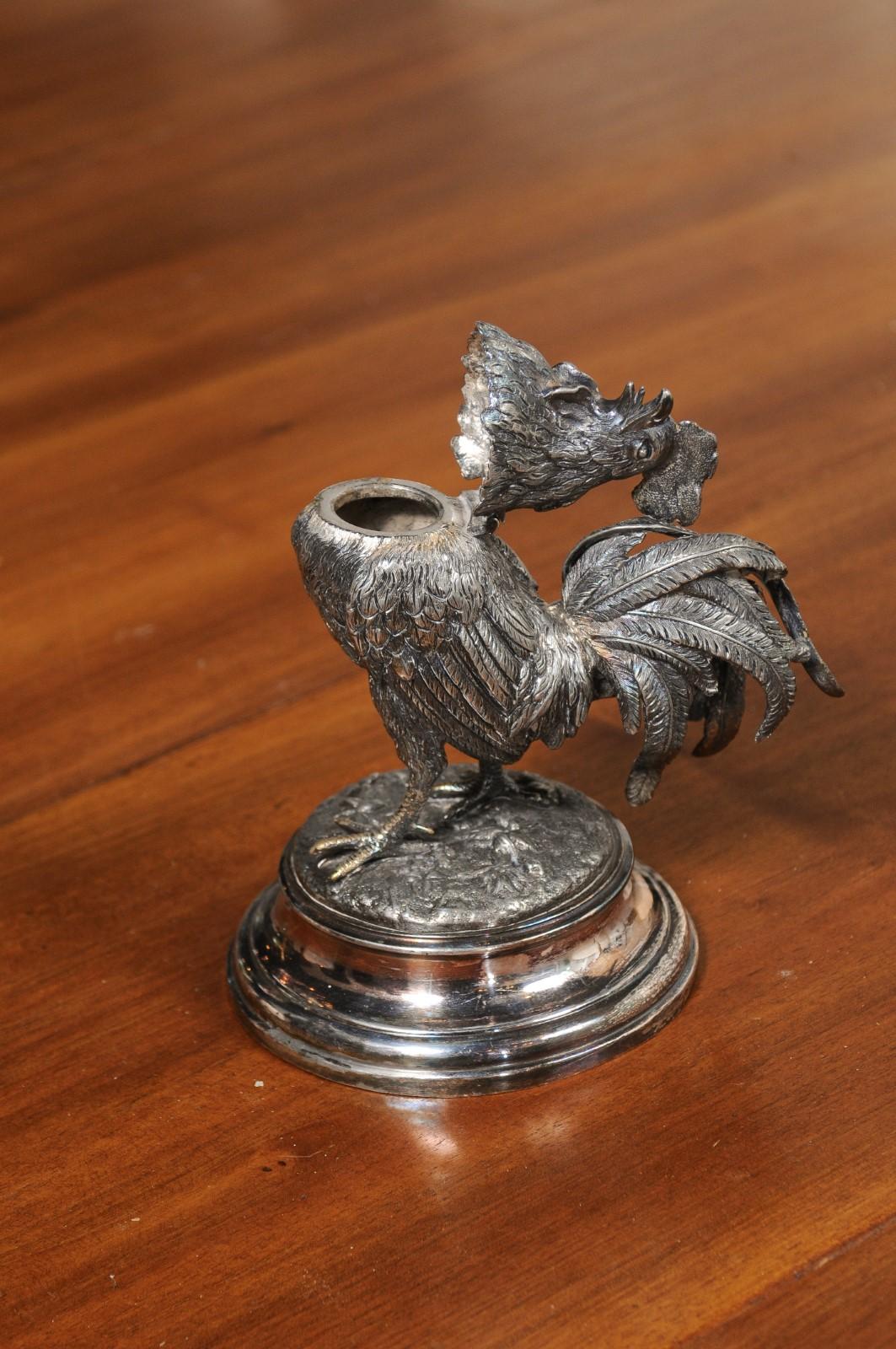 English Victorian 19th Century Silver Inkwell Depicting a Crowing Rooster 8