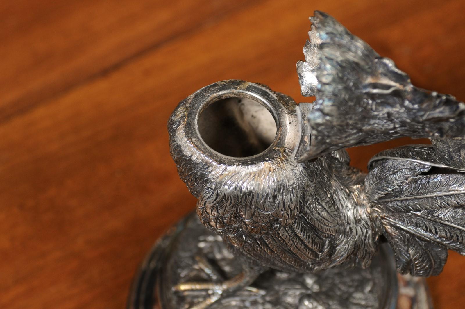 English Victorian 19th Century Silver Inkwell Depicting a Crowing Rooster 9