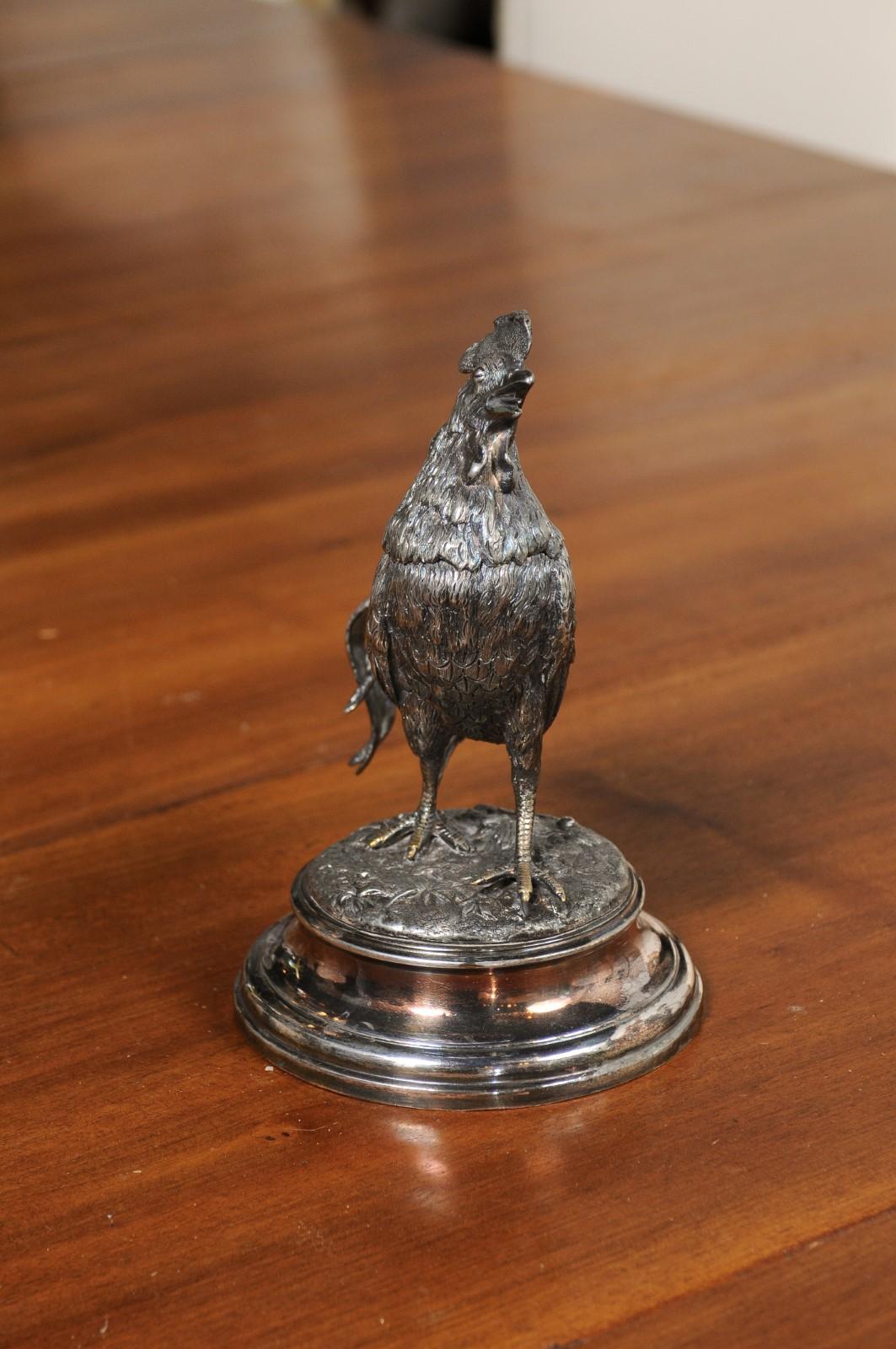 English Victorian 19th Century Silver Inkwell Depicting a Crowing Rooster 10