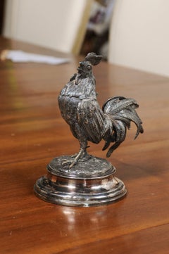 English Victorian 19th Century Silver Inkwell Depicting a Crowing Rooster
