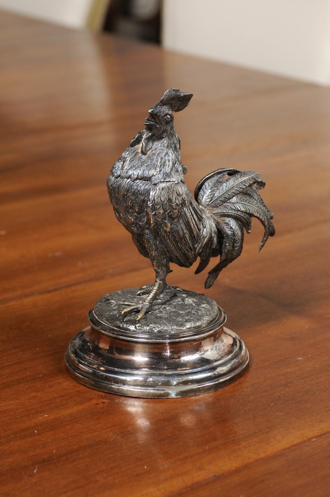 English Victorian 19th Century Silver Inkwell Depicting a Crowing Rooster In Good Condition In Atlanta, GA