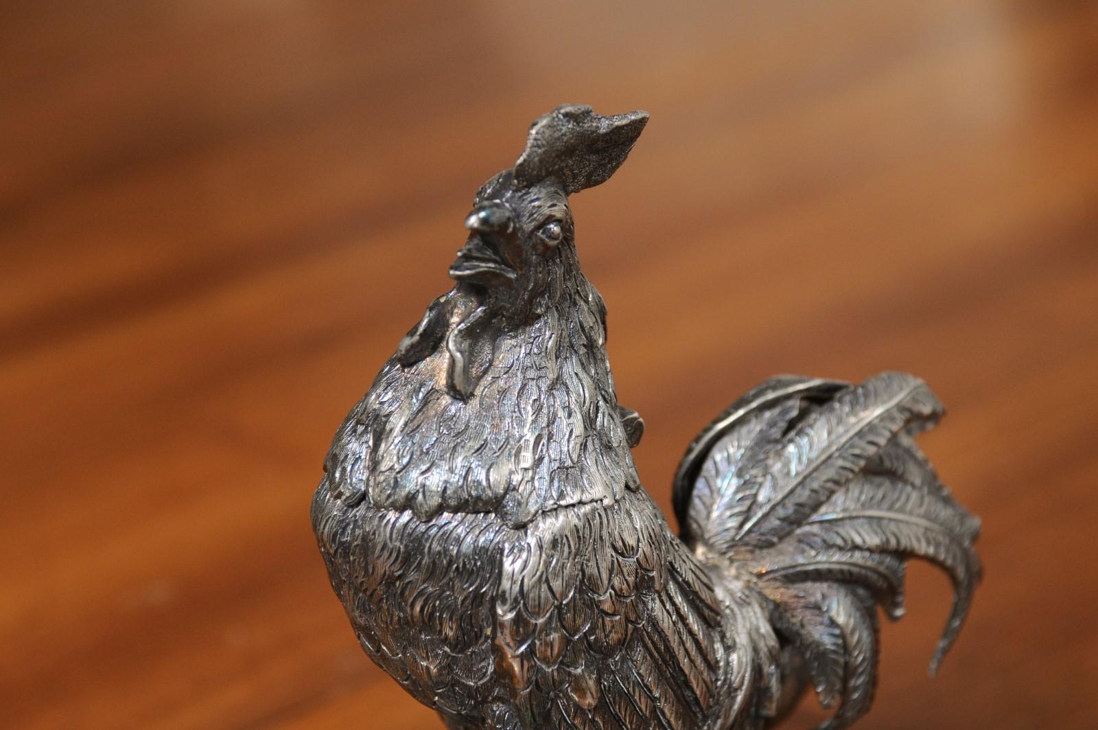 English Victorian 19th Century Silver Inkwell Depicting a Crowing Rooster 1