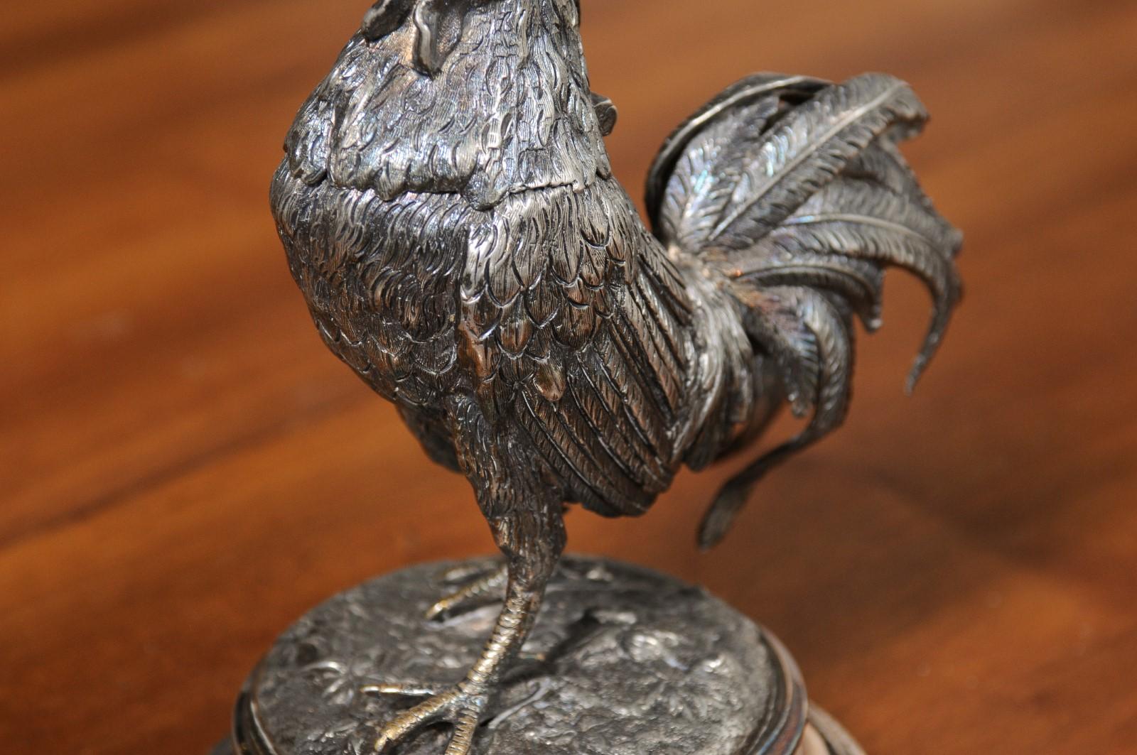 English Victorian 19th Century Silver Inkwell Depicting a Crowing Rooster 2