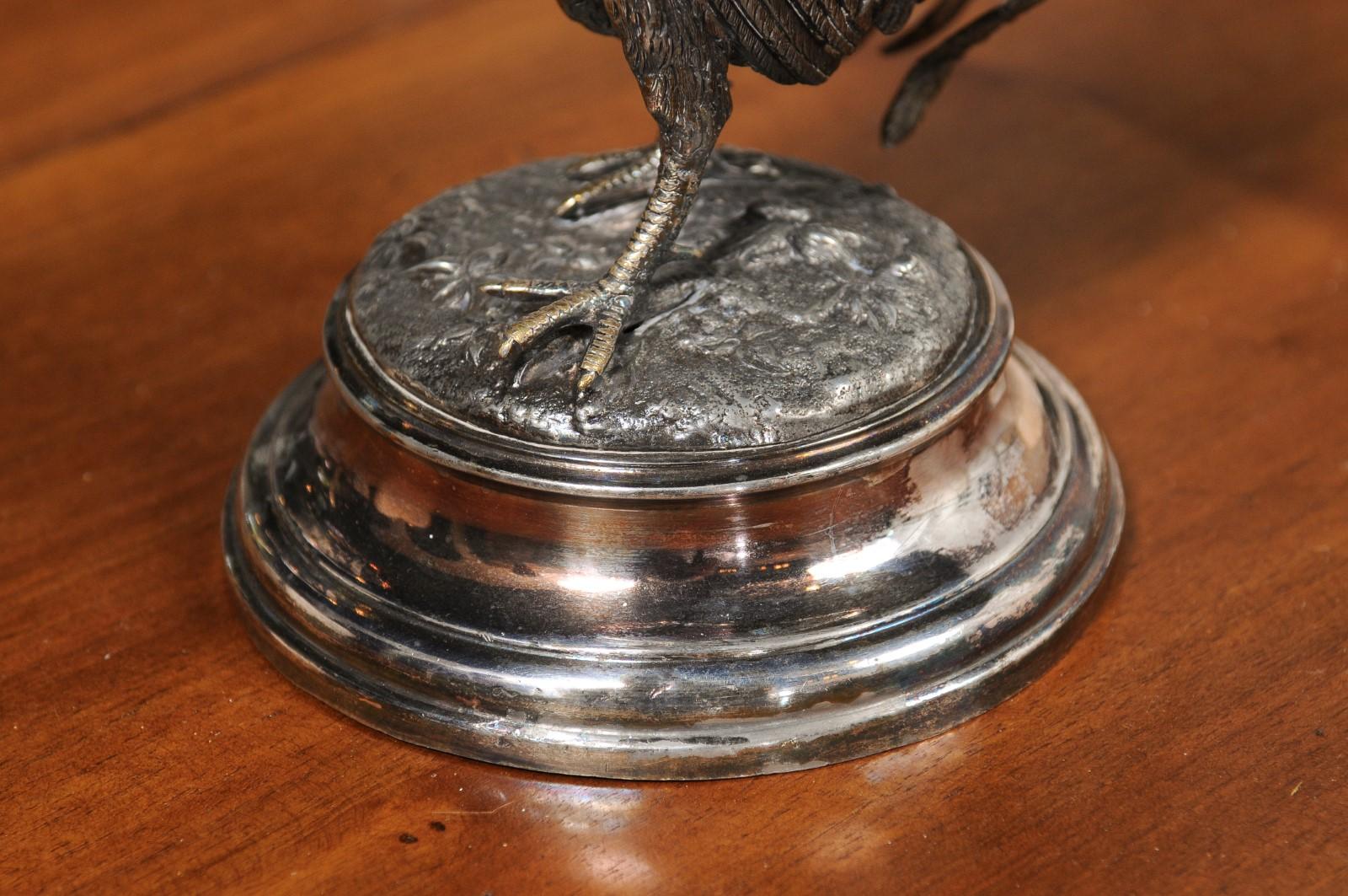 English Victorian 19th Century Silver Inkwell Depicting a Crowing Rooster 3