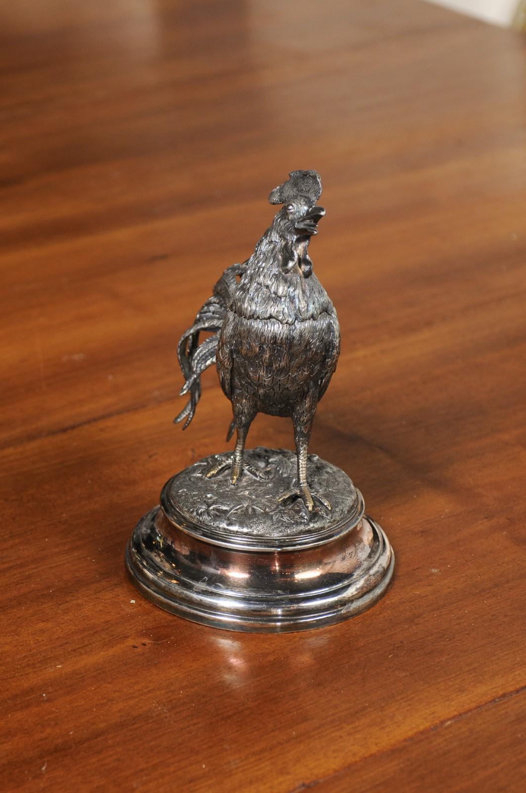 English Victorian 19th Century Silver Inkwell Depicting a Crowing Rooster 4