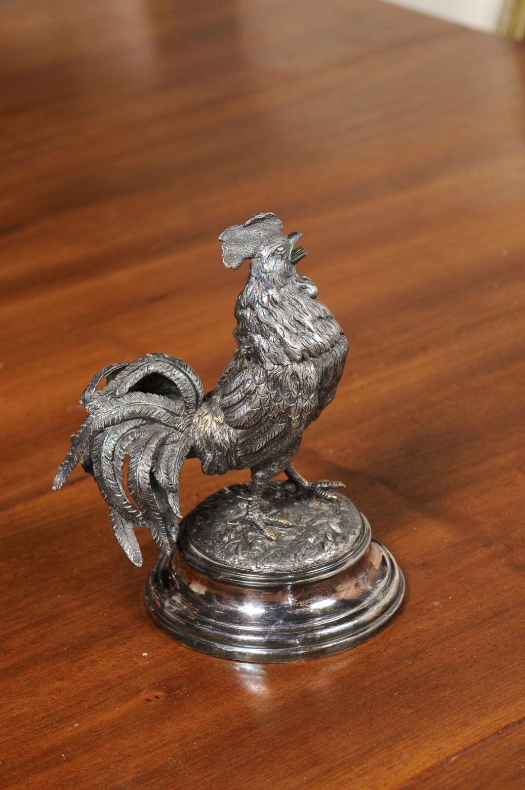 English Victorian 19th Century Silver Inkwell Depicting a Crowing Rooster 5