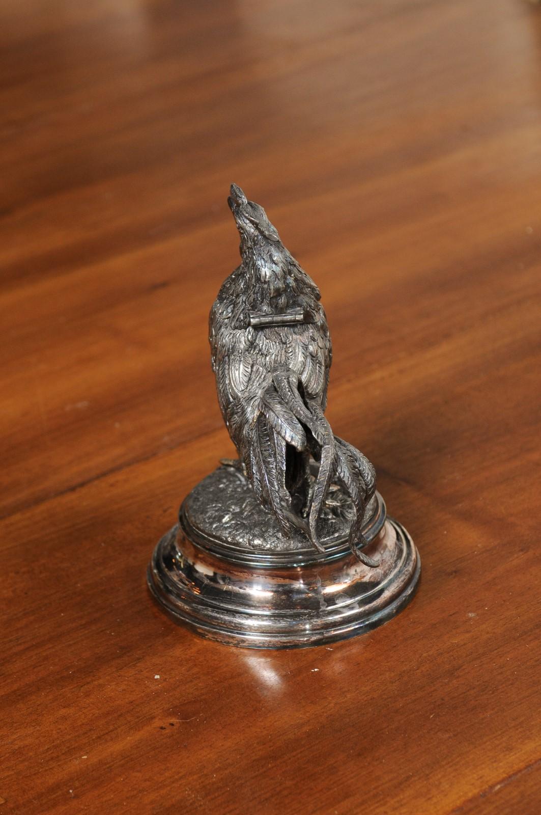 English Victorian 19th Century Silver Inkwell Depicting a Crowing Rooster 6