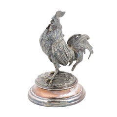 English Victorian 19th Century Silver Inkwell Depicting a Crowing Rooster