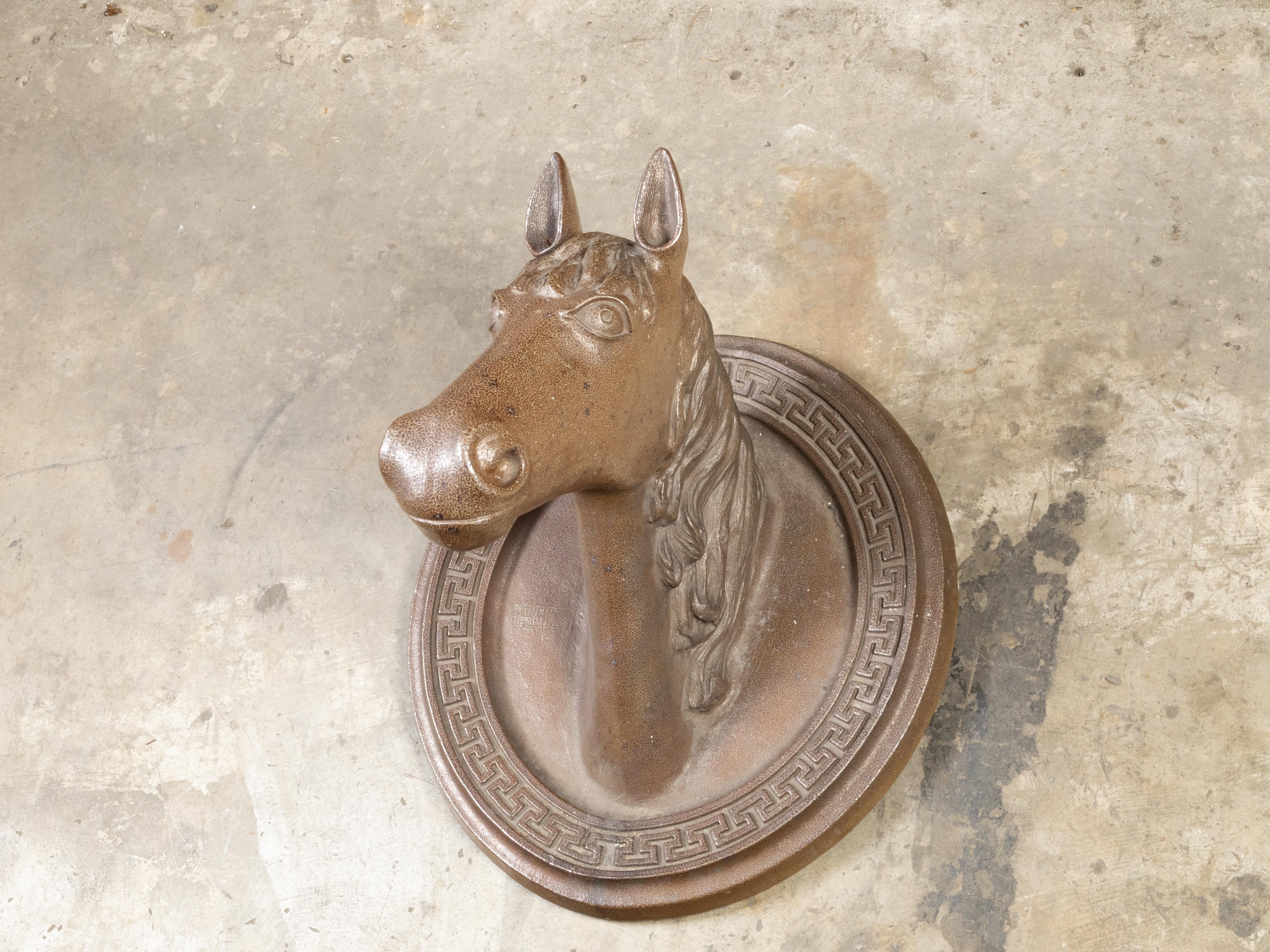 English Victorian 19th Century Terracotta Horse Head with Greek Key Frieze For Sale 1