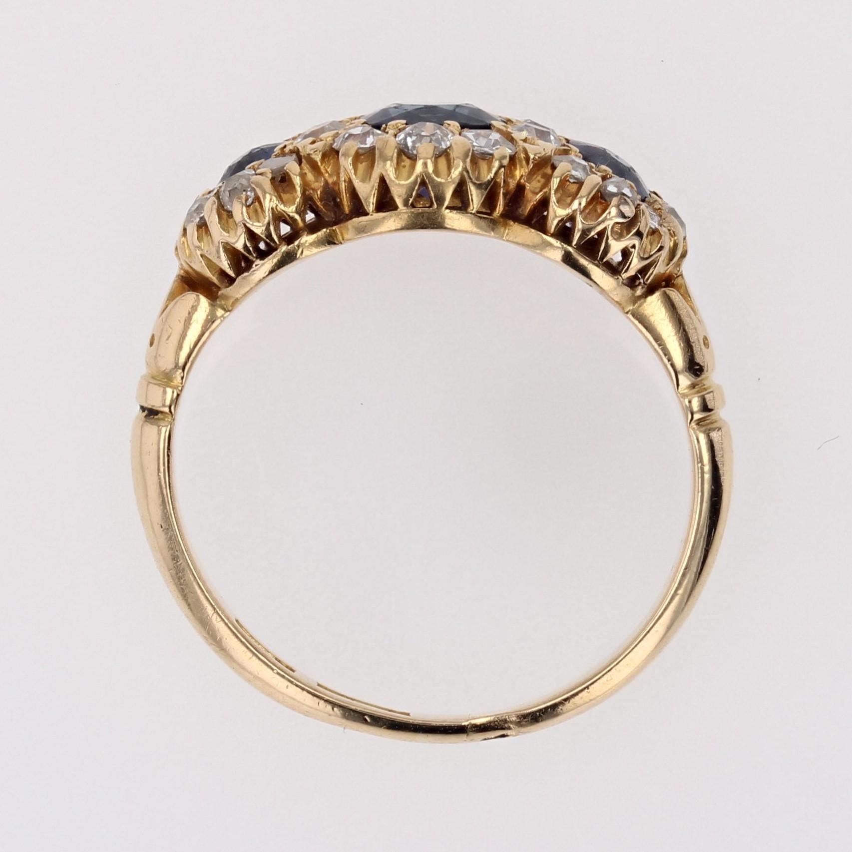 English Victorian 20th Century Sapphire Diamond 18 Karat Yellow Gold Garter Ring For Sale 7