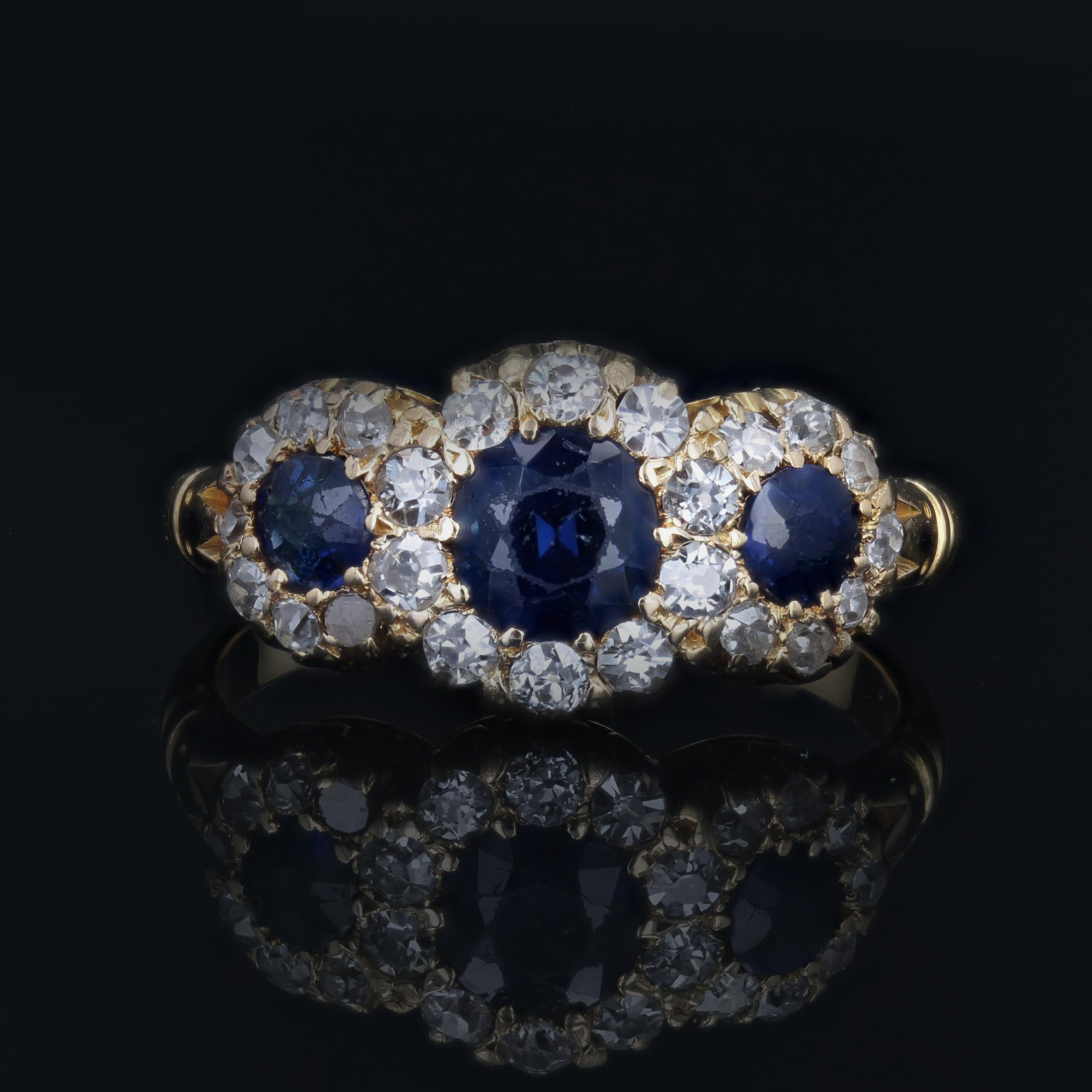 Round Cut English Victorian 20th Century Sapphire Diamond 18 Karat Yellow Gold Garter Ring For Sale
