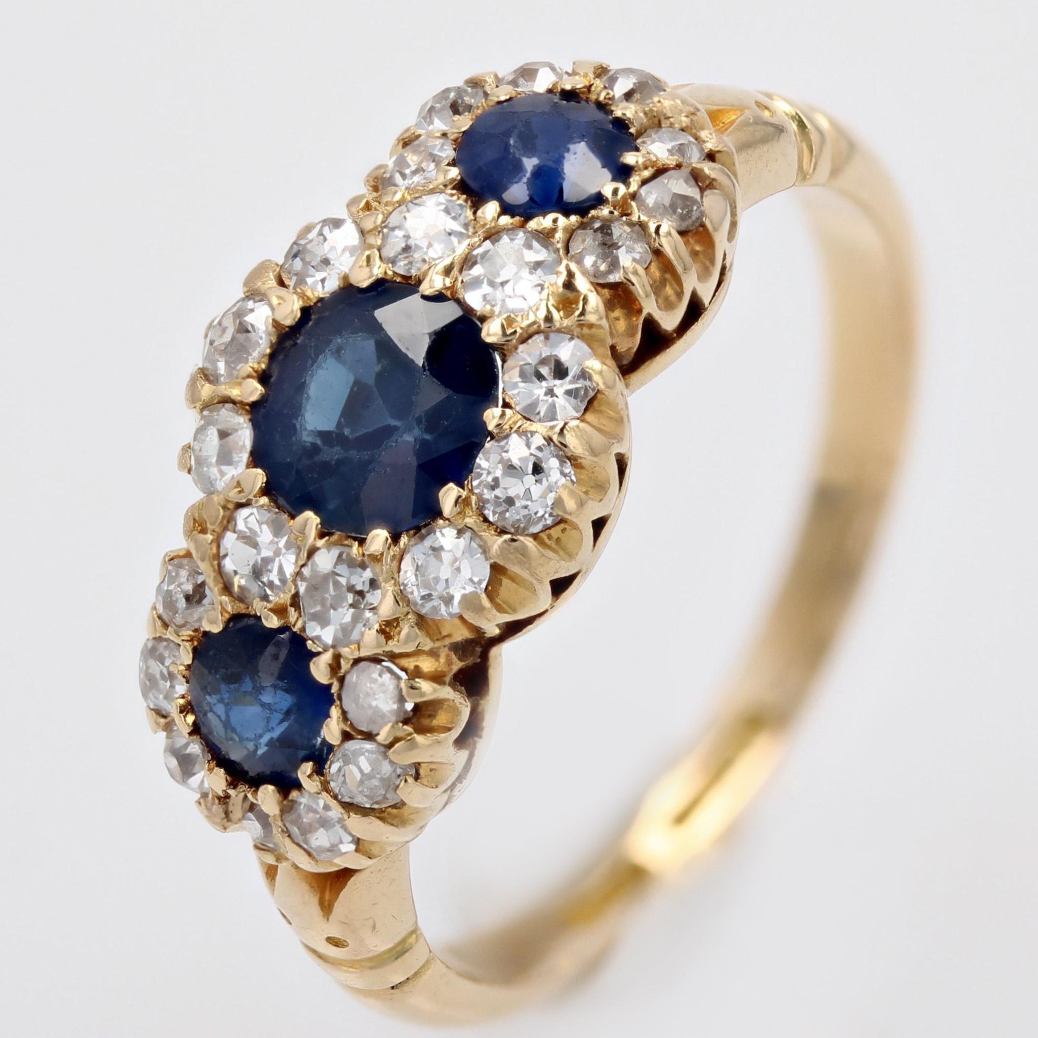English Victorian 20th Century Sapphire Diamond 18 Karat Yellow Gold Garter Ring For Sale 3