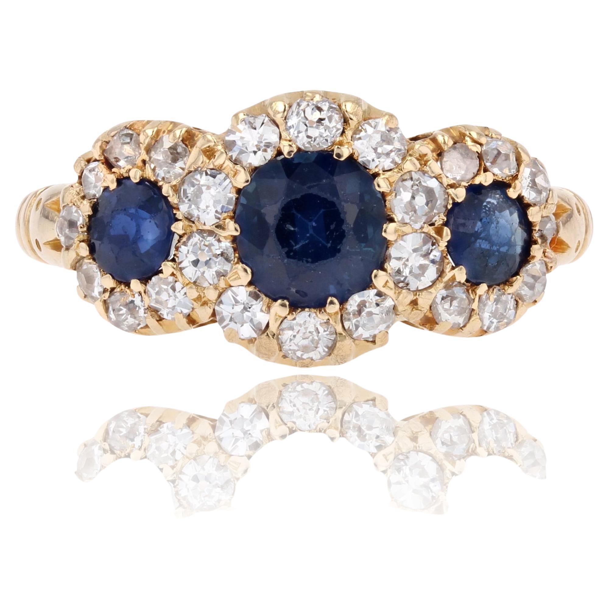 English Victorian 20th Century Sapphire Diamond 18 Karat Yellow Gold Garter Ring