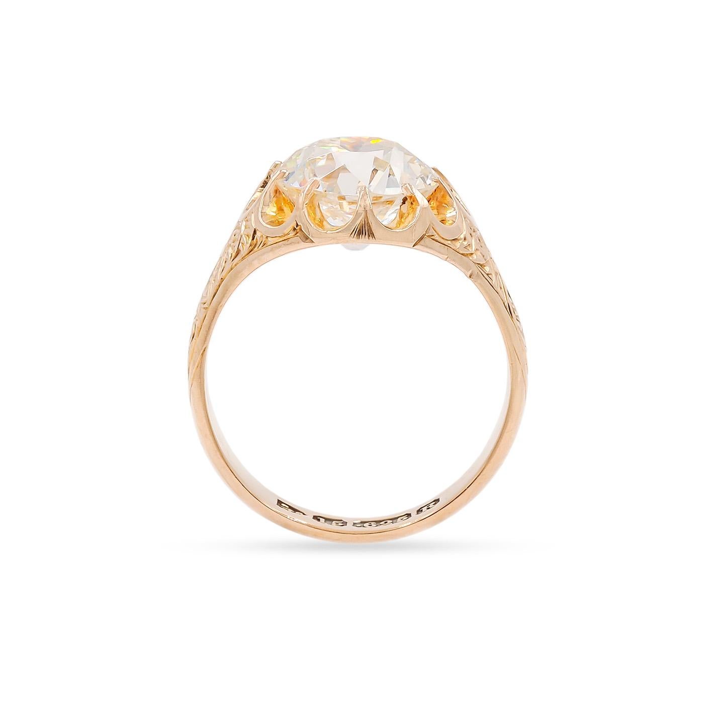 English Victorian 3.61 Ct. GIA Old European Cut Diamond Belcher Engagement Ring In Excellent Condition For Sale In Los Angeles, CA