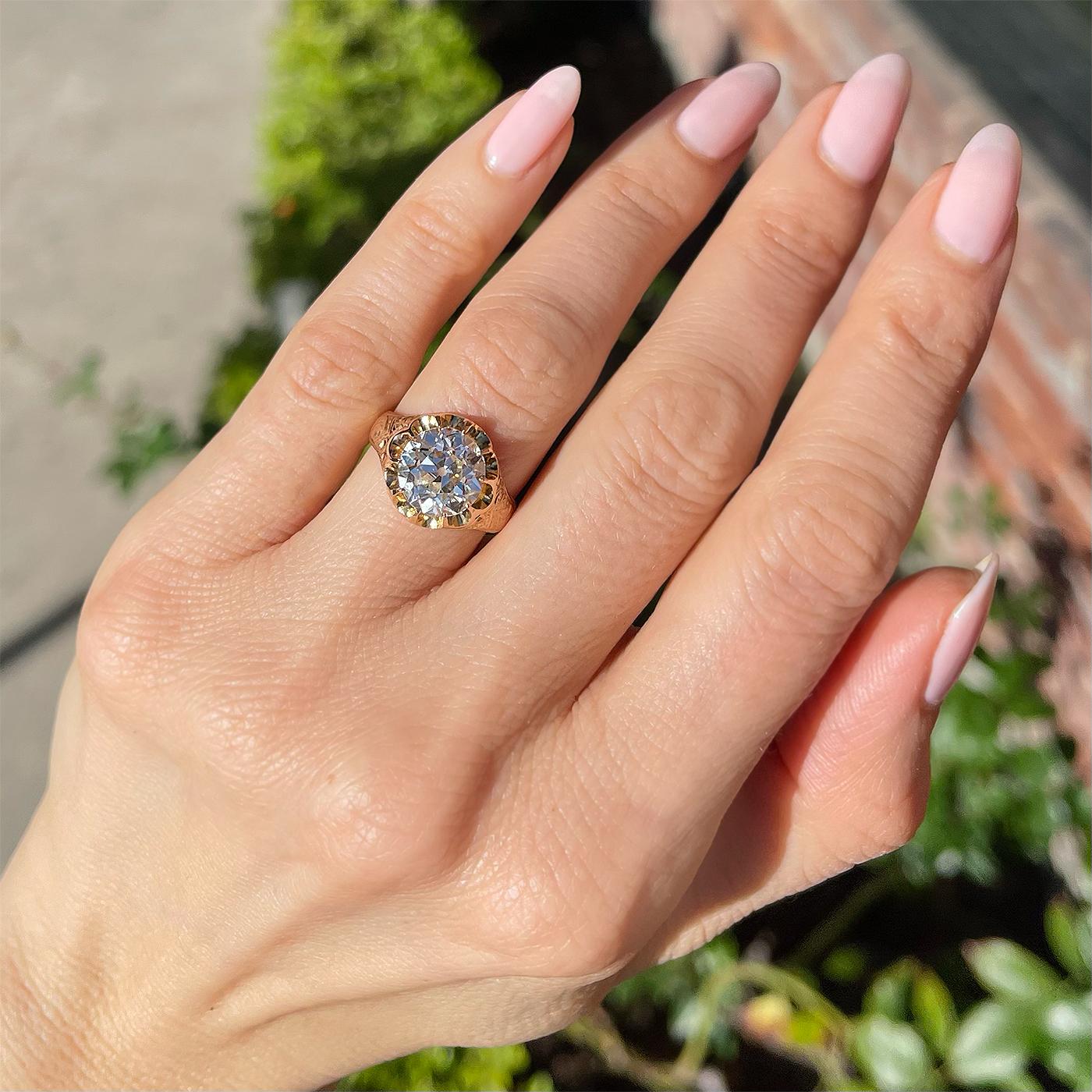 English Victorian 3.61 Ct. GIA Old European Cut Diamond Belcher Engagement Ring For Sale 3
