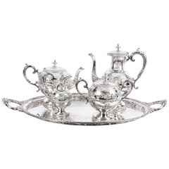 English Victorian 5-Piece Tea Coffee Set with Tray by John Round, 19th Century
