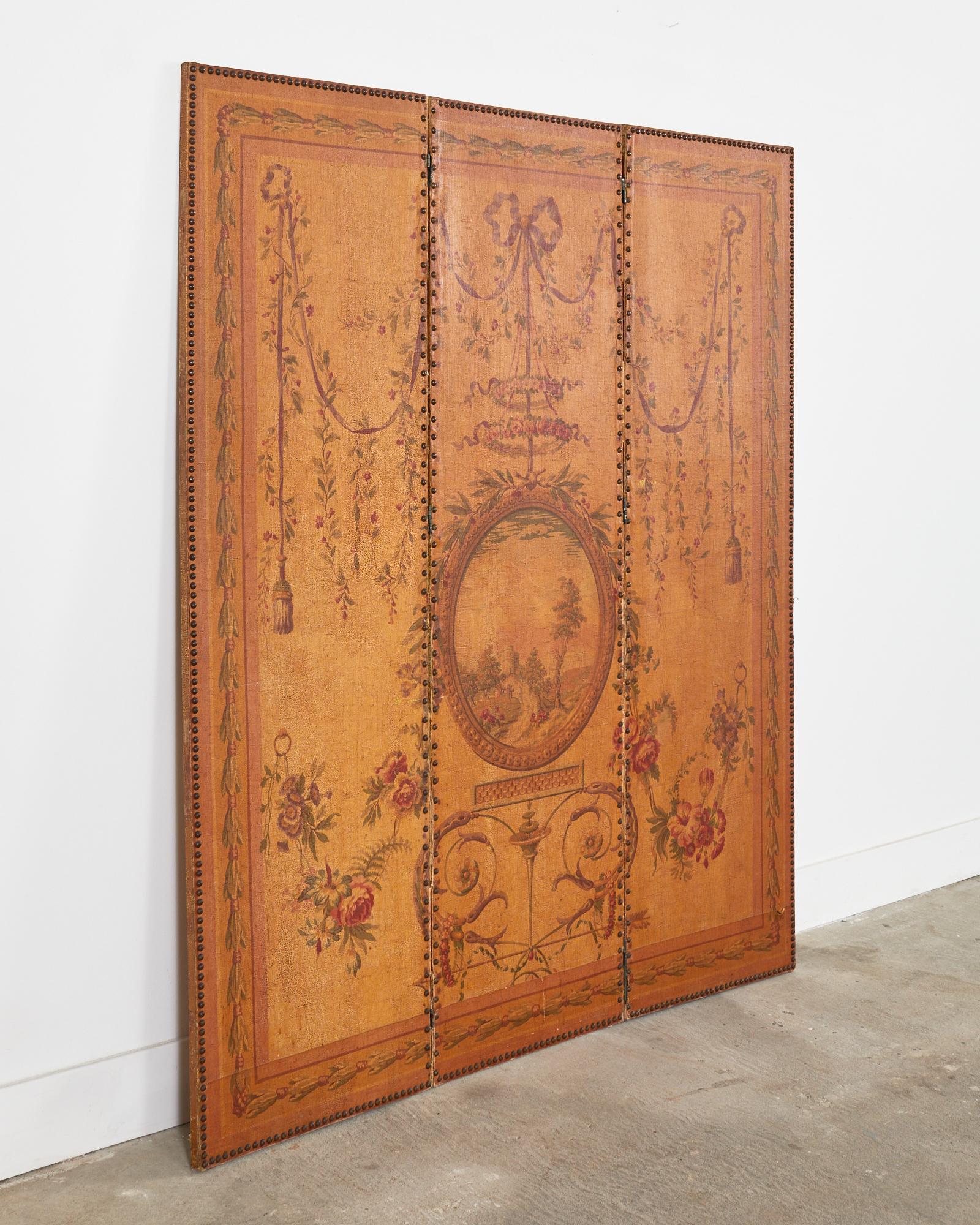 Neoclassical English Victorian Adam Style Three Panel Folding Screen For Sale