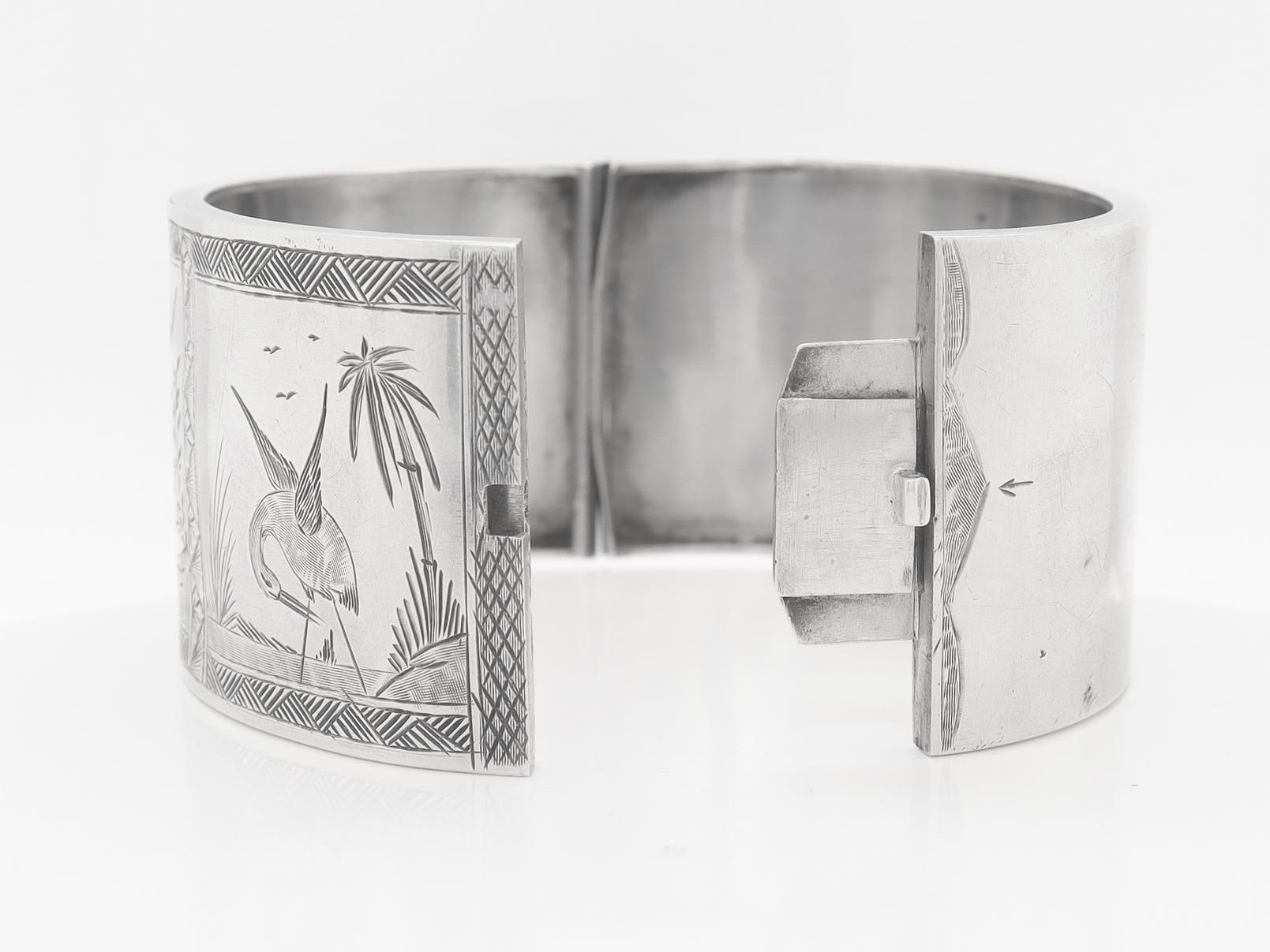 English Victorian Aesthetic Sterling Silver Bangle Bracelet with Scenes of Birds For Sale 8