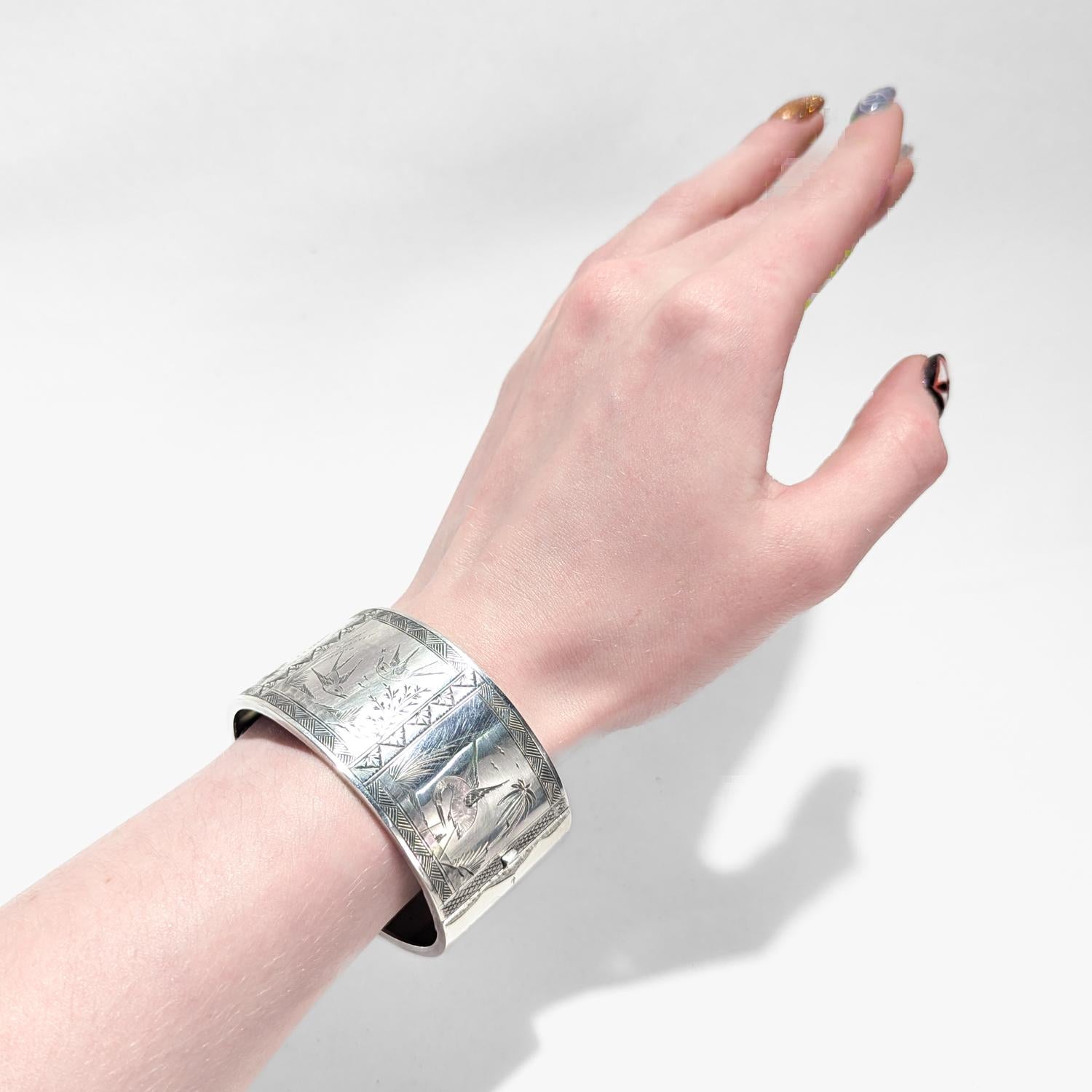 Aesthetic Movement English Victorian Aesthetic Sterling Silver Bangle Bracelet with Scenes of Birds For Sale