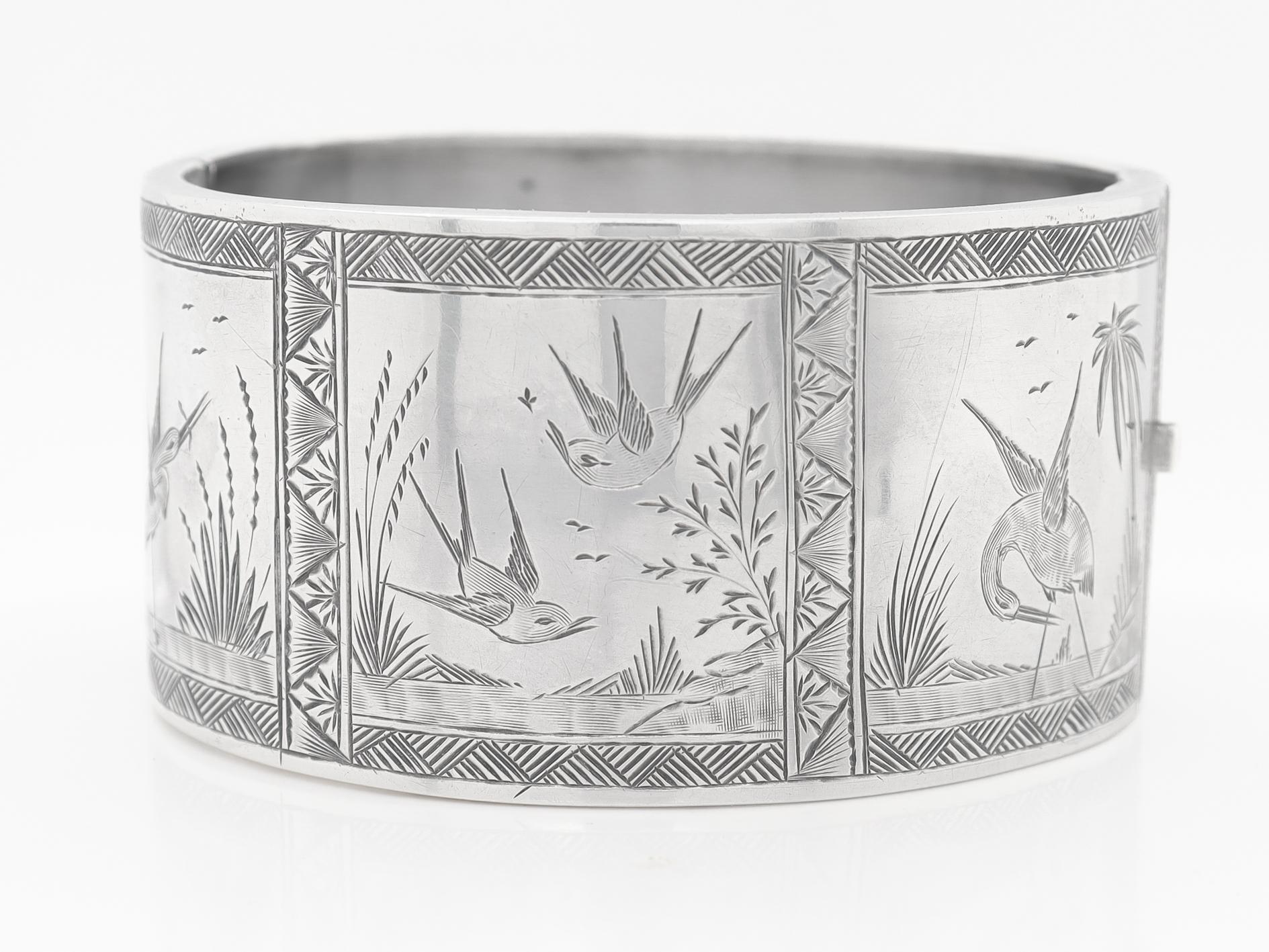 Women's or Men's English Victorian Aesthetic Sterling Silver Bangle Bracelet with Scenes of Birds For Sale