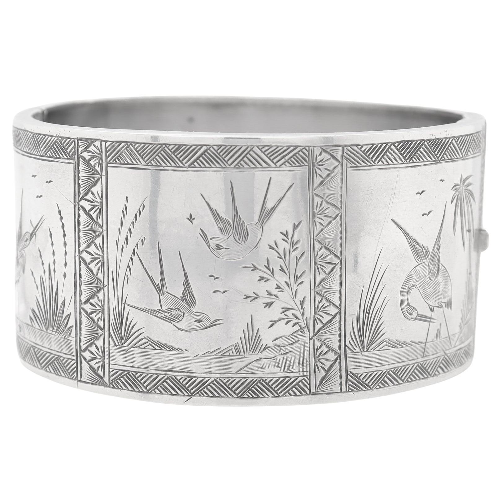 English Victorian Aesthetic Sterling Silver Bangle Bracelet with Scenes of Birds