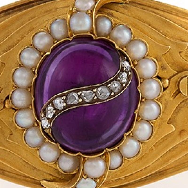 Cabochon English Victorian Amethyst Pearl and Diamond Cuff Bracelet