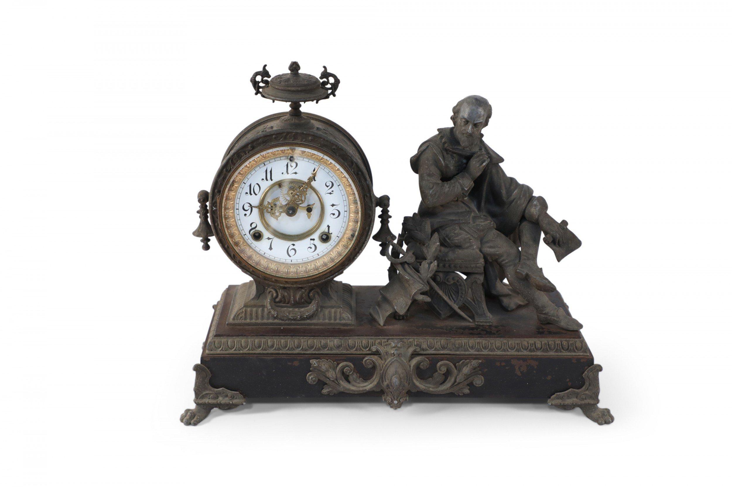 19th Century English Victorian Ansonia Clock Company Bronze Shakespeare Mantel Clock For Sale