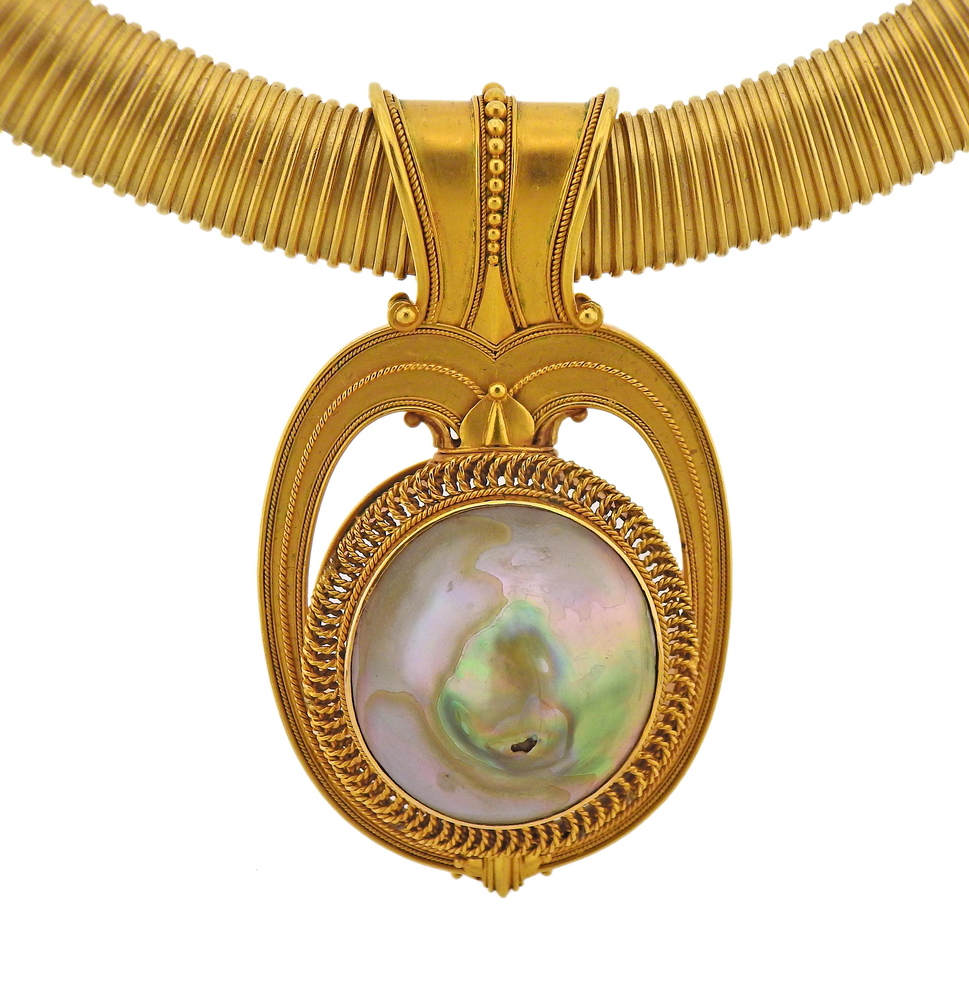 Antique Victorian English 15k gold necklace with large pendant, set with blister pearl (pearl is damaged). Necklace is 17.75