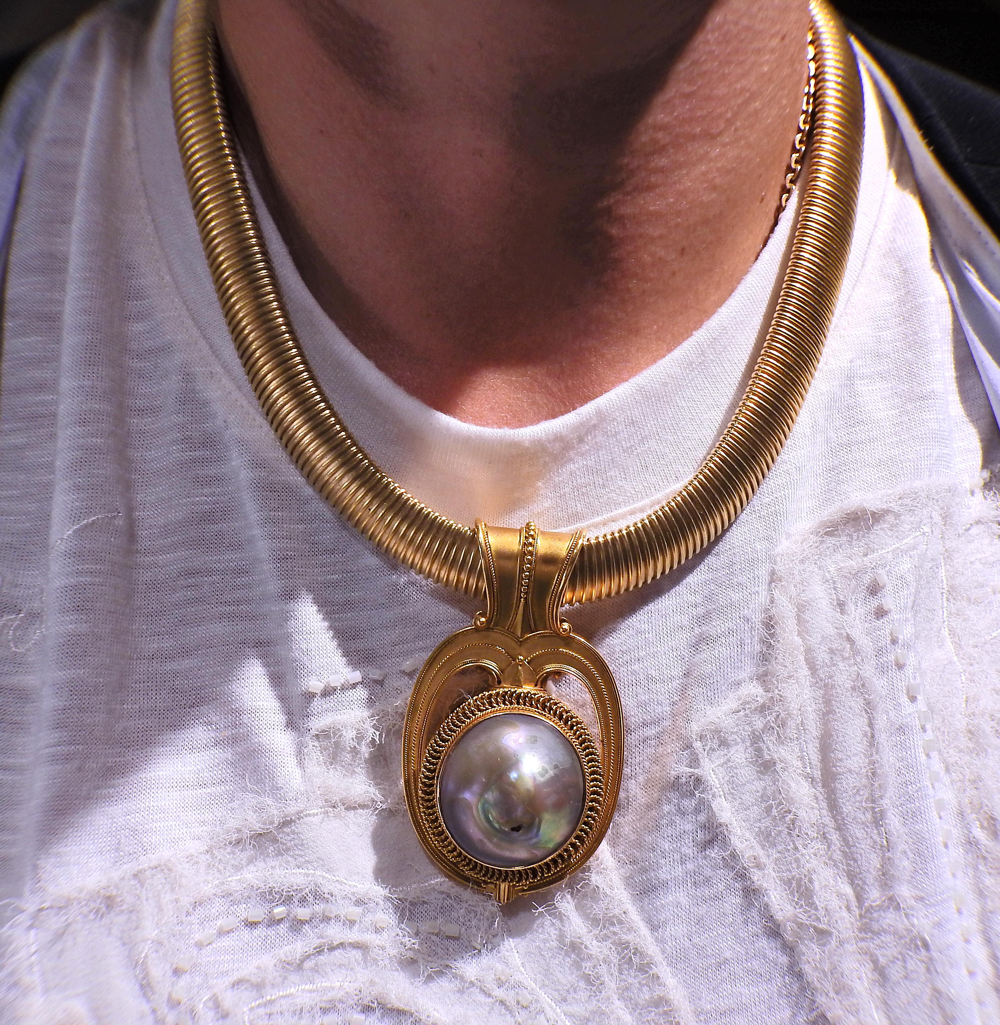 English Victorian Antique Blister Pearl Gold Pendant Necklace In Good Condition In New York, NY
