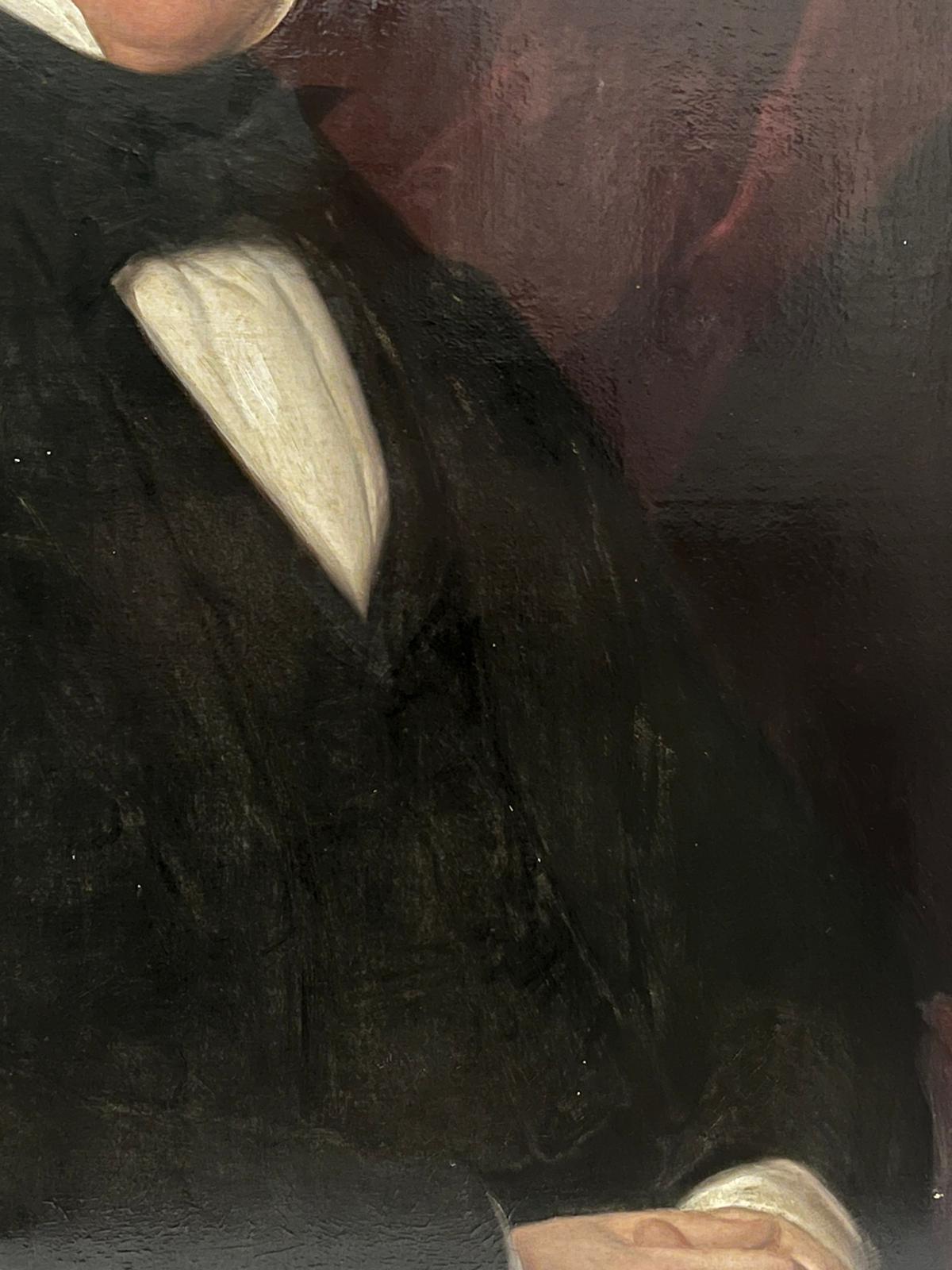 Ritratto inglese del XIX secolo Uomo anziano con gli occhiali Grande dipinto a olio del 1850 - Figurative Painting Nero di English Victorian artist