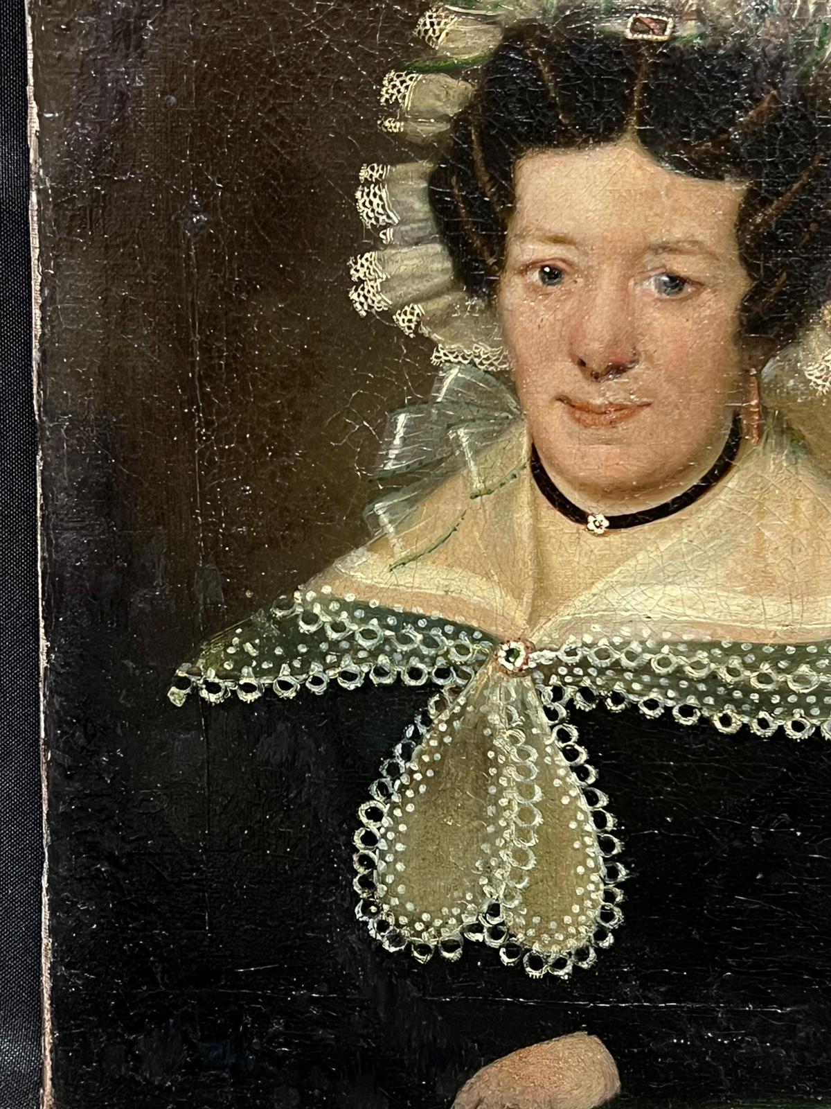 Ritratto inglese del XIX secolo di una signora di campagna con abito e cofano decorati in pizzo - Painting di English Victorian artist