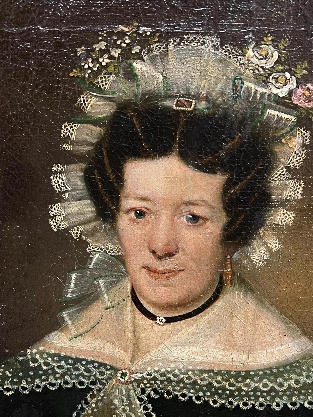 Ritratto inglese del XIX secolo di una signora di campagna con abito e cofano decorati in pizzo - Painting Vittoriano di English Victorian artist