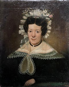 19th Century English Portrait of a Country Lady in Lace Trimmed Dress & Bonnet