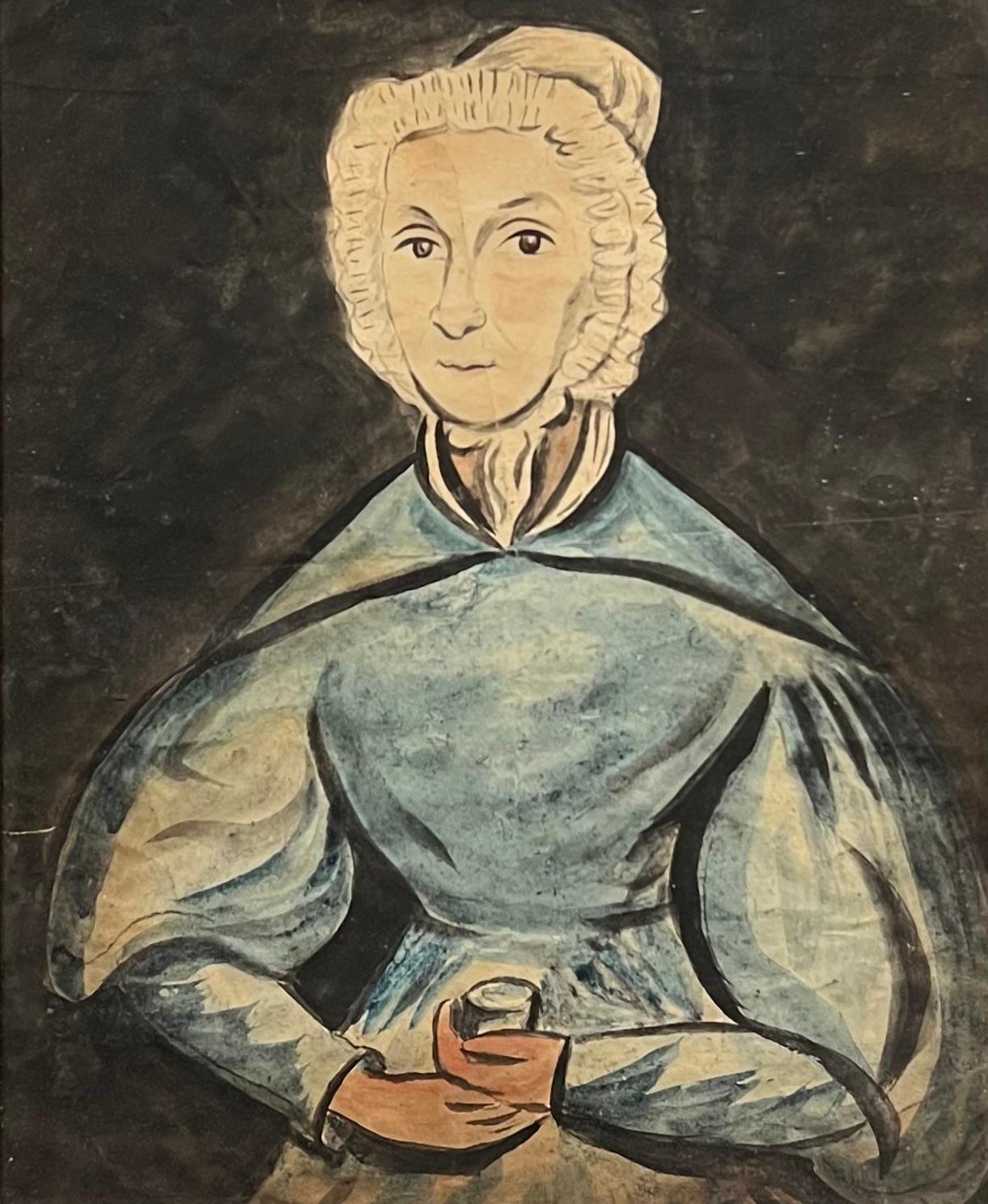 Arte Popular Inglés Antiguo Retrato Ingenuo de Dama en Azul con Marco de Madera Oscura - Painting de English Victorian artist