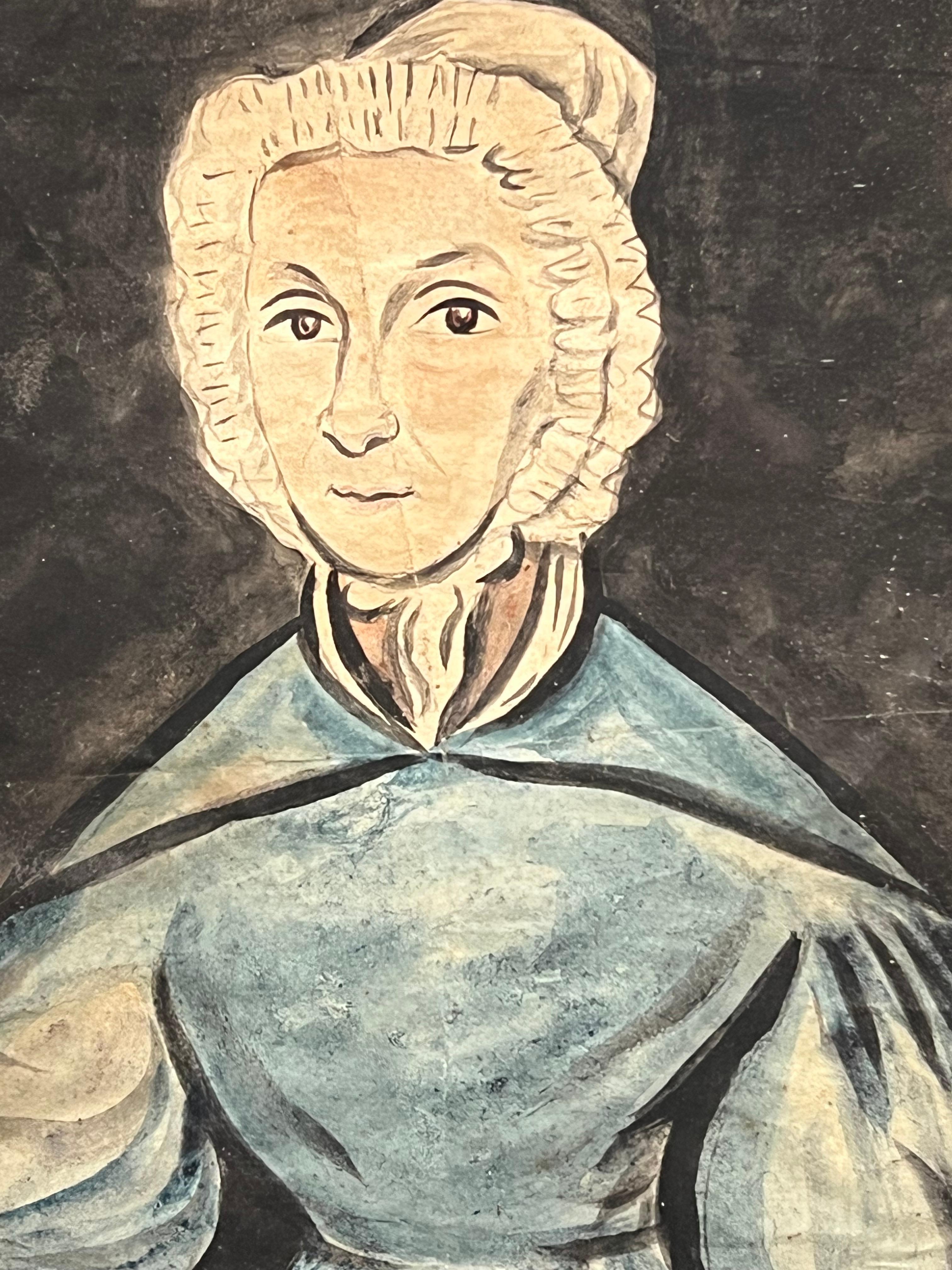 Arte Popular Inglés Antiguo Retrato Ingenuo de Dama en Azul con Marco de Madera Oscura - Painting Arte popular de English Victorian artist